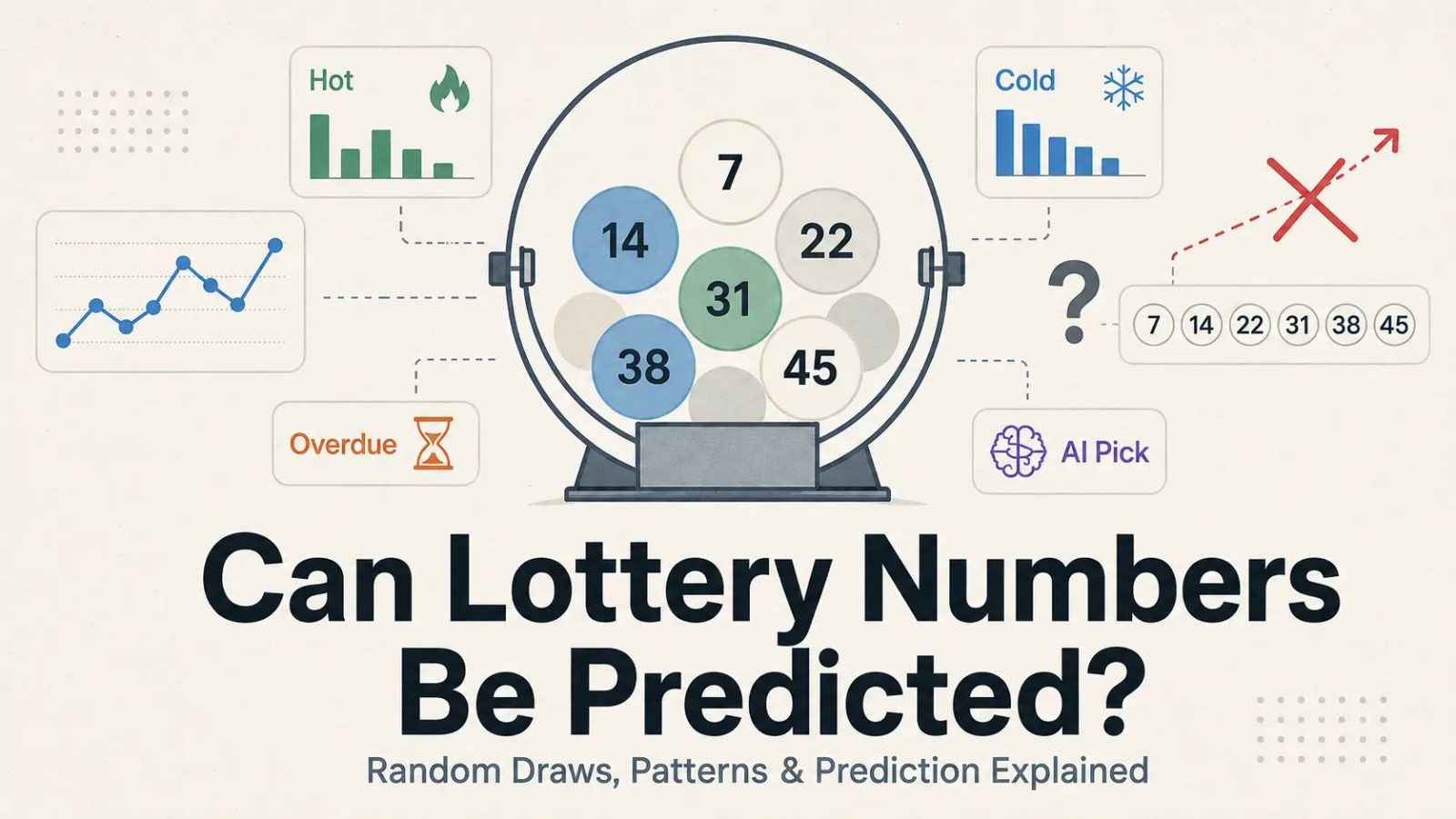 Flat illustration of a lottery machine with numbered balls, charts, AI pick label, and crossed-out prediction arrow about lottery prediction.
