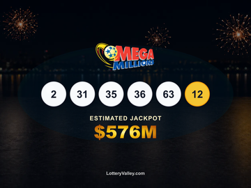 Mega Millions draw recap graphic showing the winning numbers and estimated jackpot of $576M.
