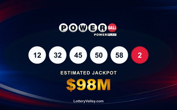Powerball draw recap graphic showing the winning numbers and estimated next jackpot of $98M.