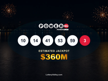 Powerball draw recap graphic showing the winning numbers and estimated jackpot of $360M.