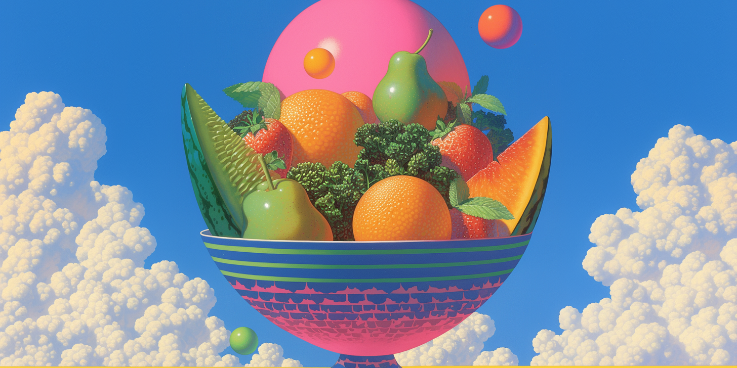 A funny fruit bowl surrounded by clouds