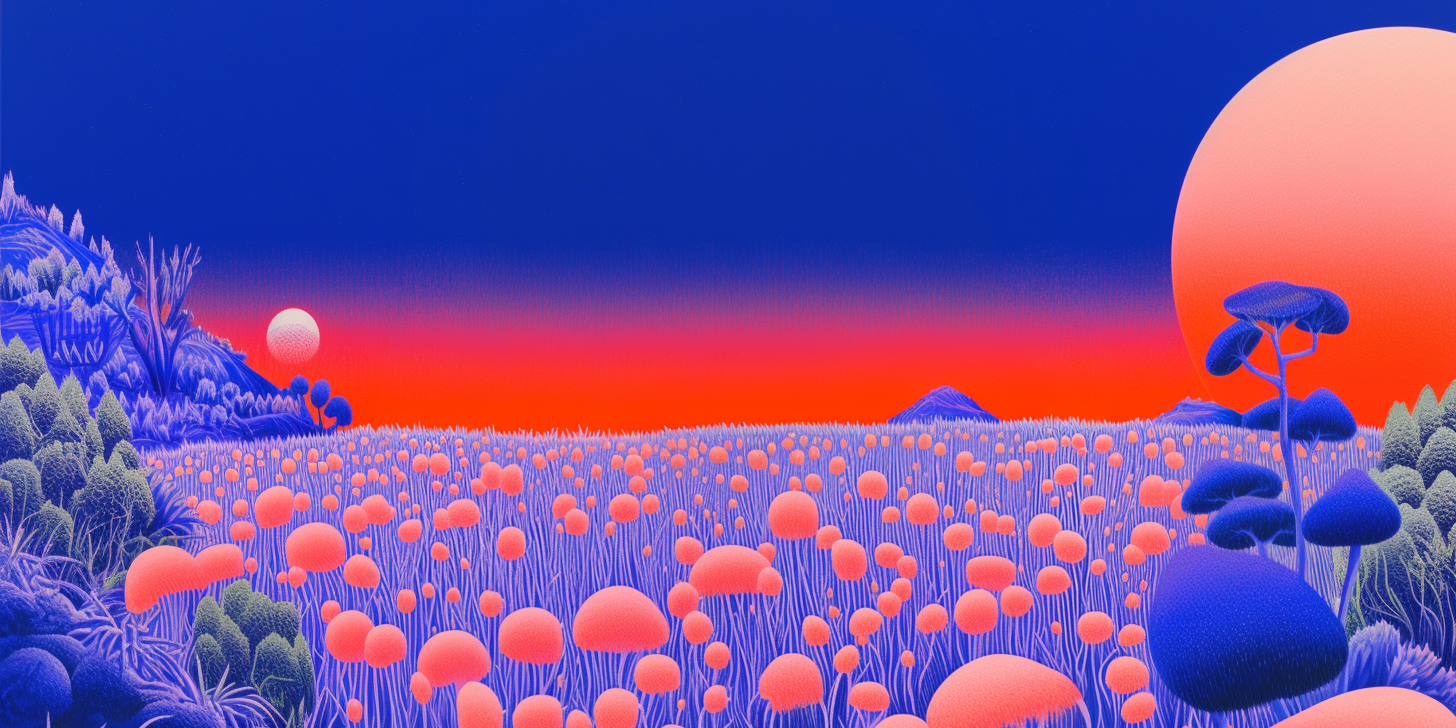 And empty field in red and blue with mushroom shaped plants