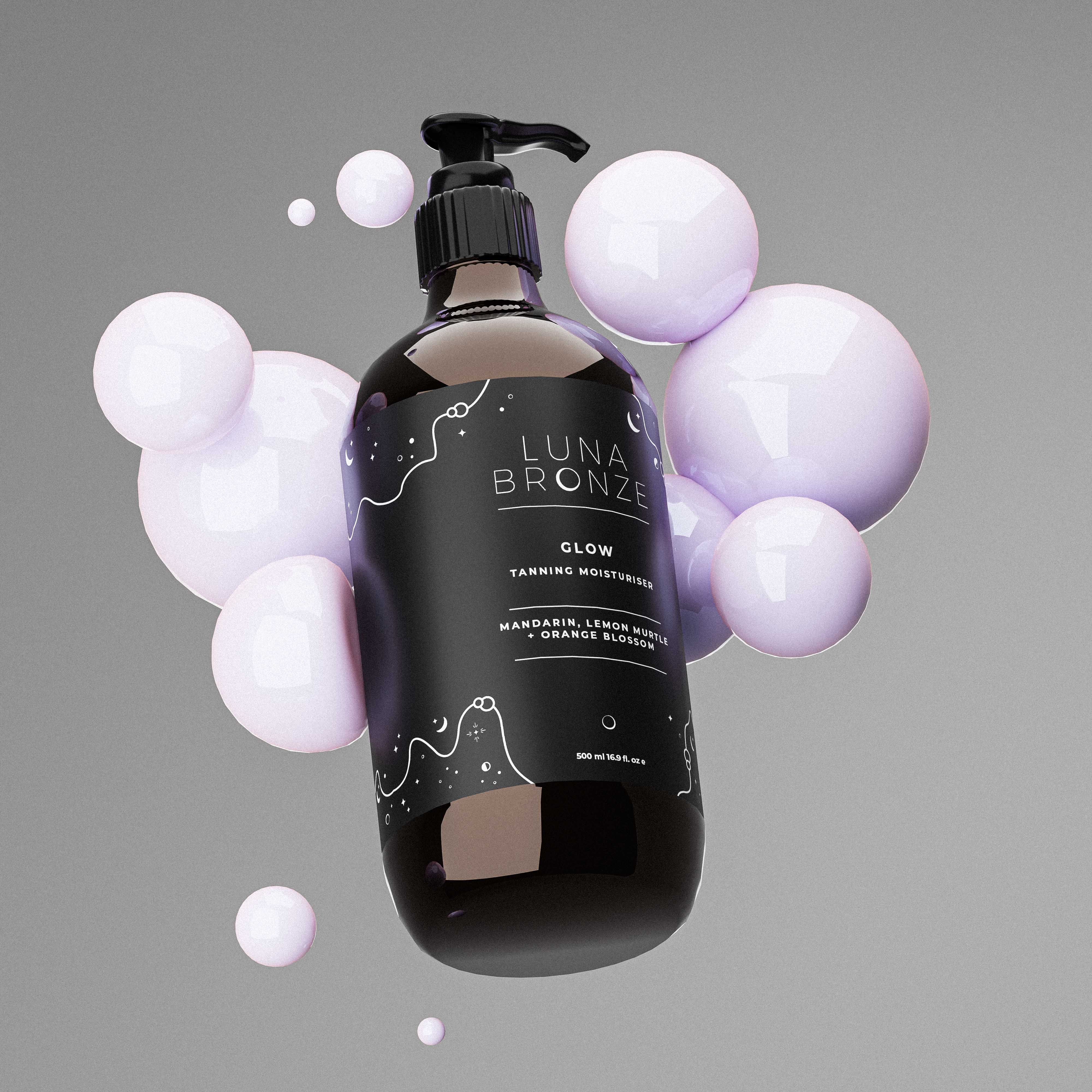 A cosmetic pump bottle floating surrounded by light purple orbs.