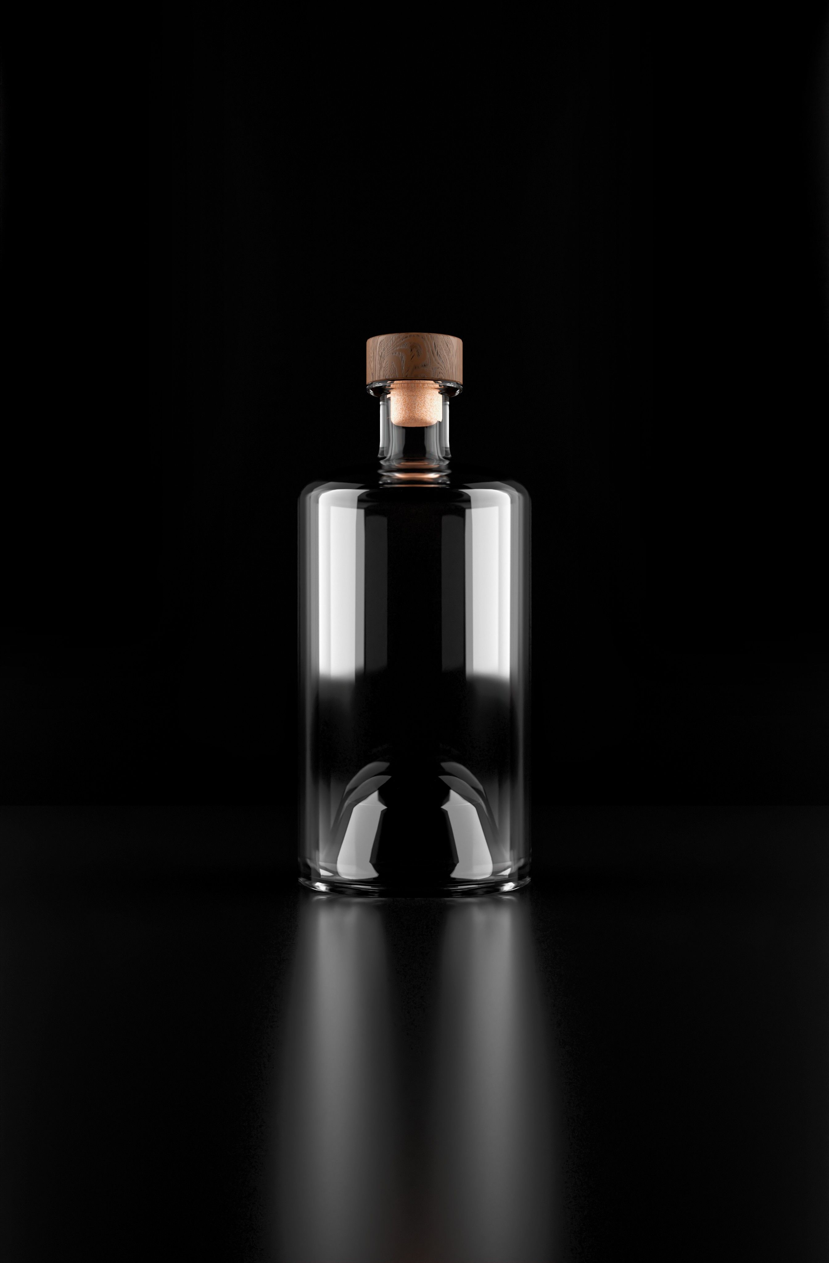 A glass vodka bottle in dark studio lighting