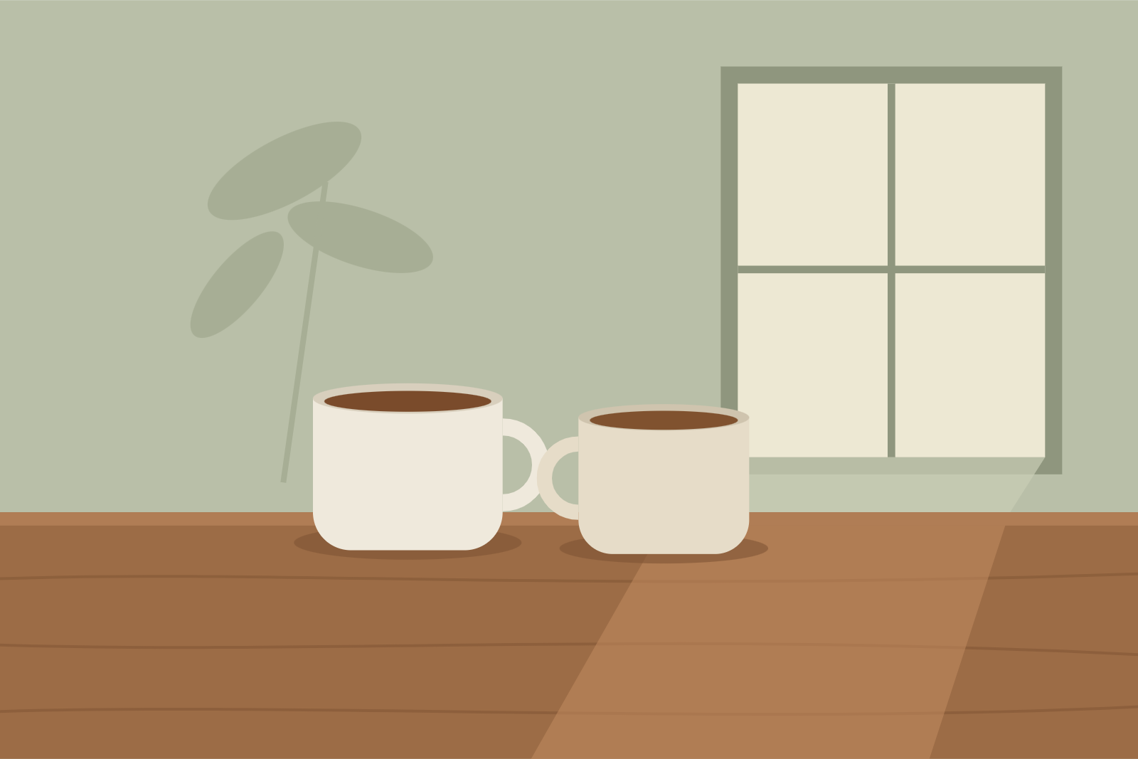 Two cups of tea on a wooden table beside a sunny window.