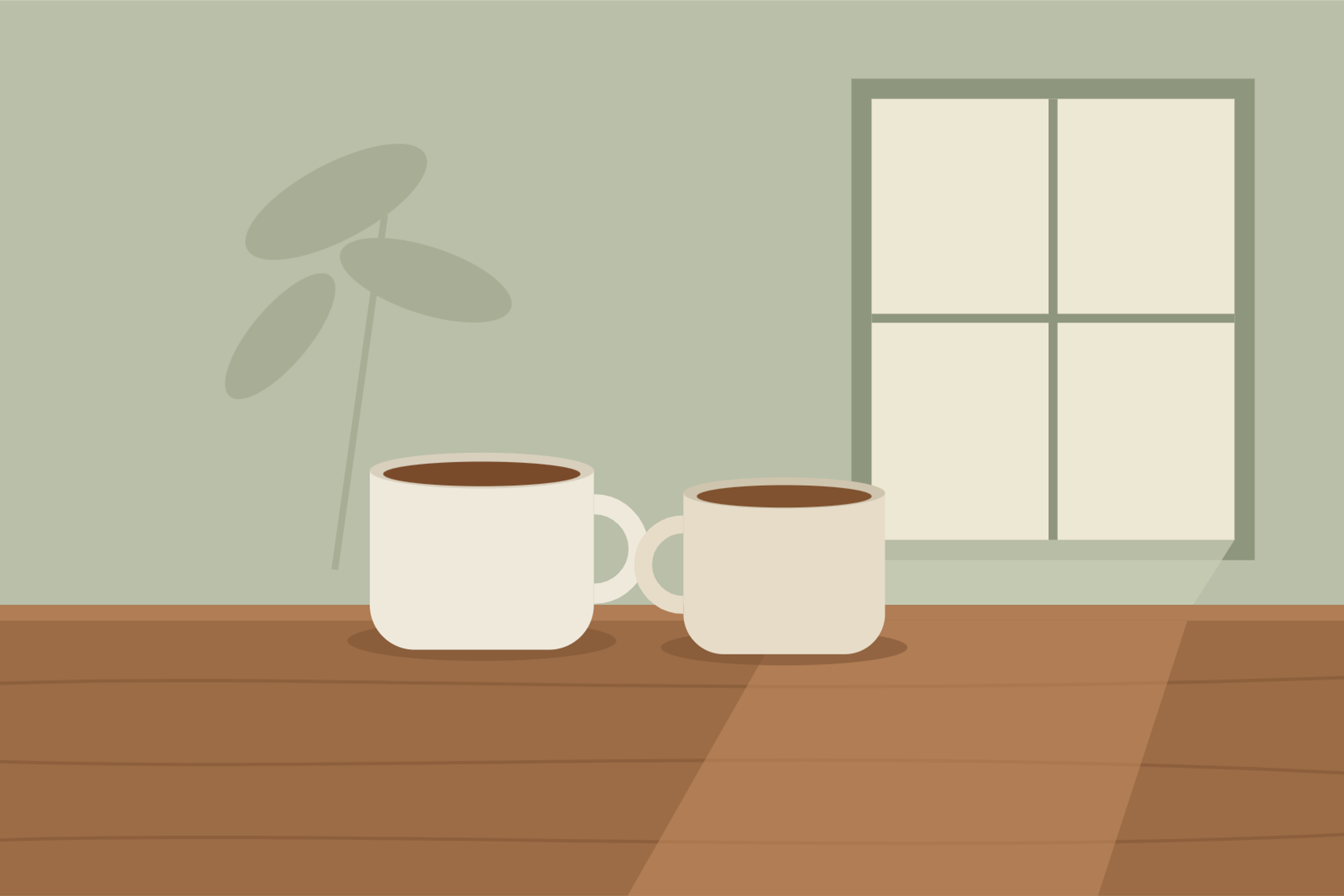 Two cups of tea on a wooden table beside a sunny window.