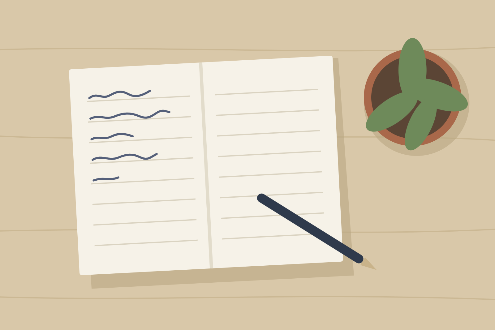 An open notebook with handwriting, a pen and a small potted plant on a wooden desk.
