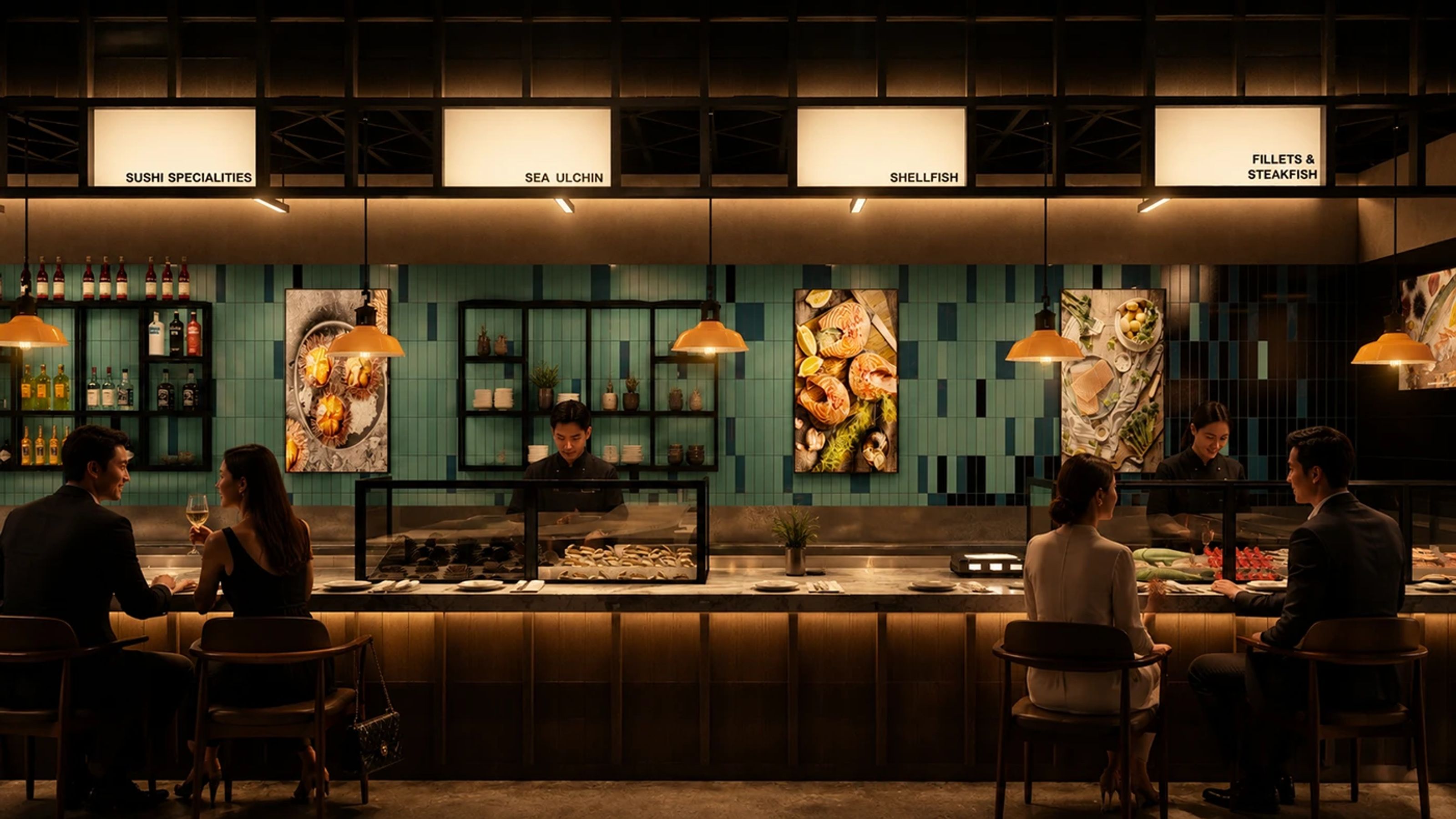 Seafood Market — el mostrador central desde el comedor