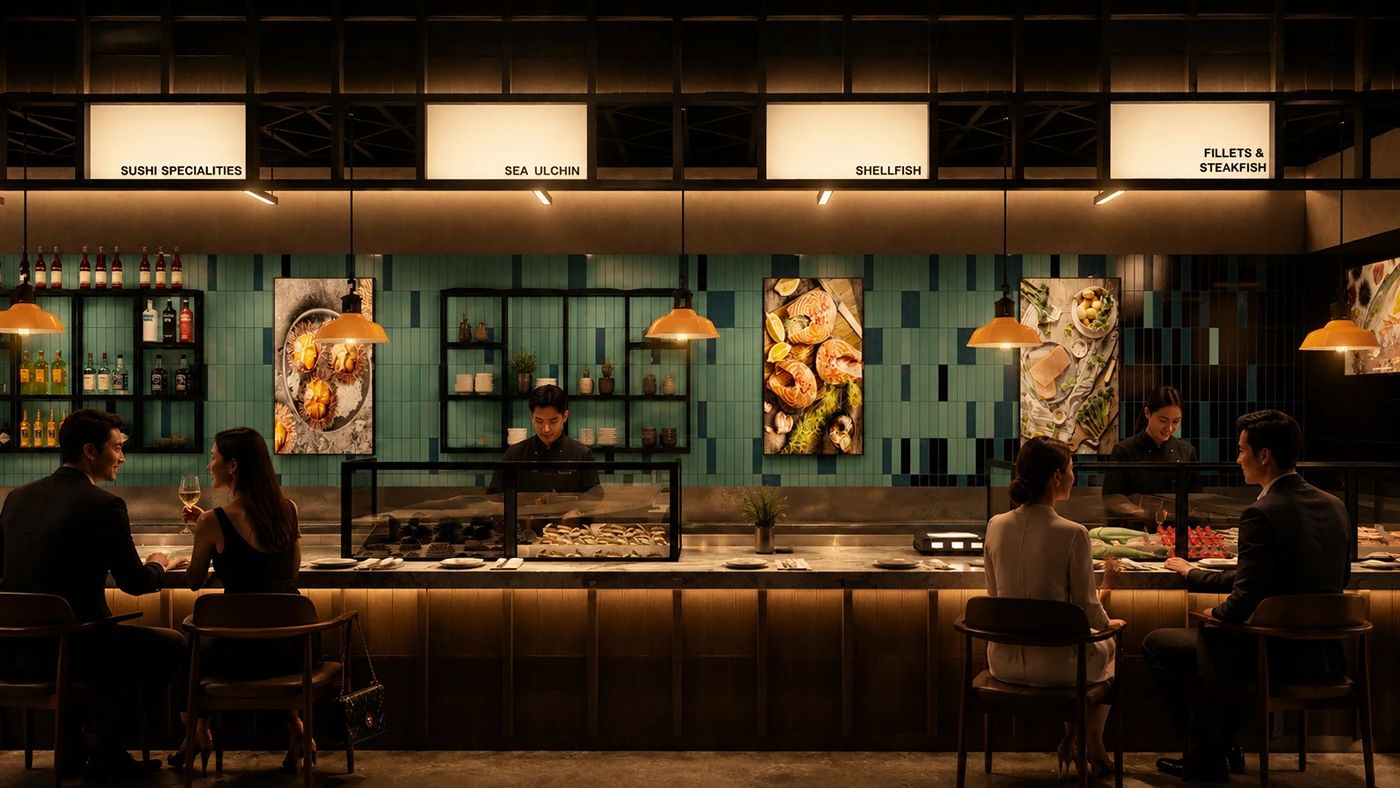 Seafood Market — el mostrador central desde el comedor