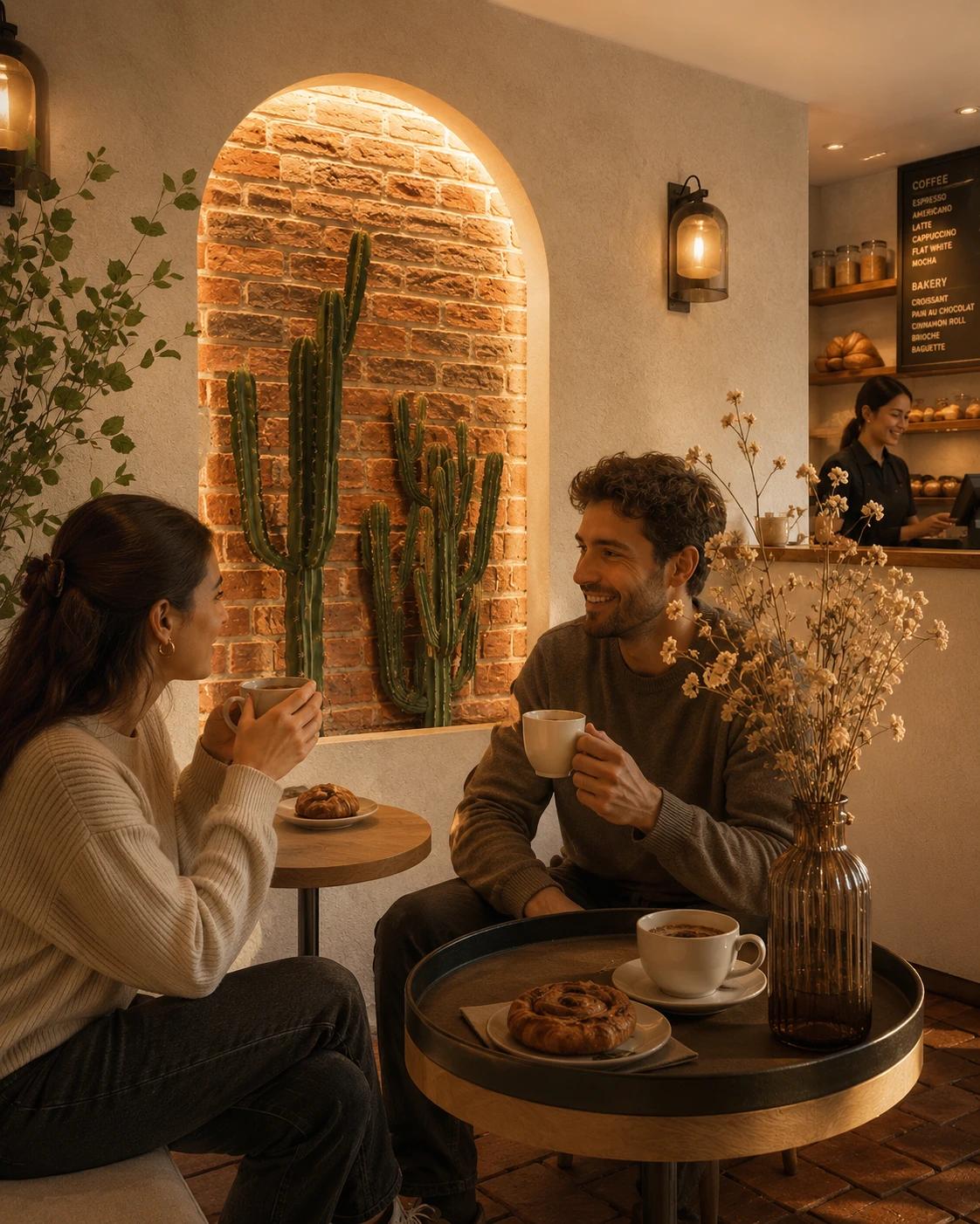 03 — The niche. A brick arch lit from within: the light reaches the table warm, and no lamp hangs over anyone.