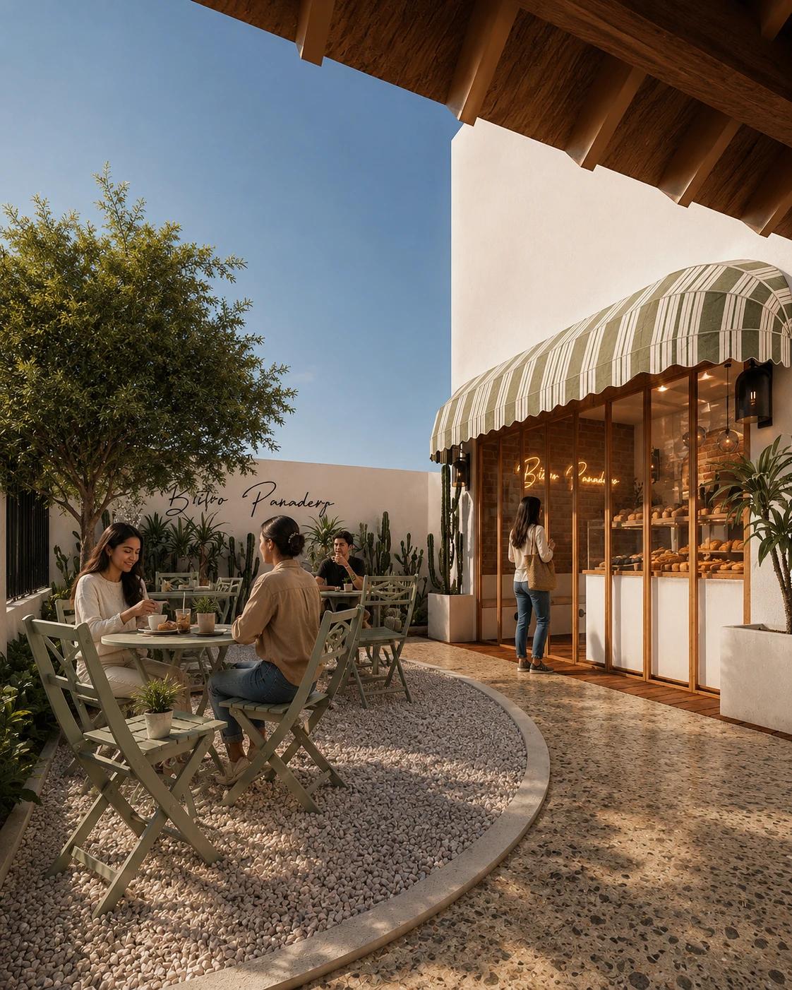 01 — Facade and terrace. The bread is visible before you go in, and the tree's shade holds the tables that don't fit inside.