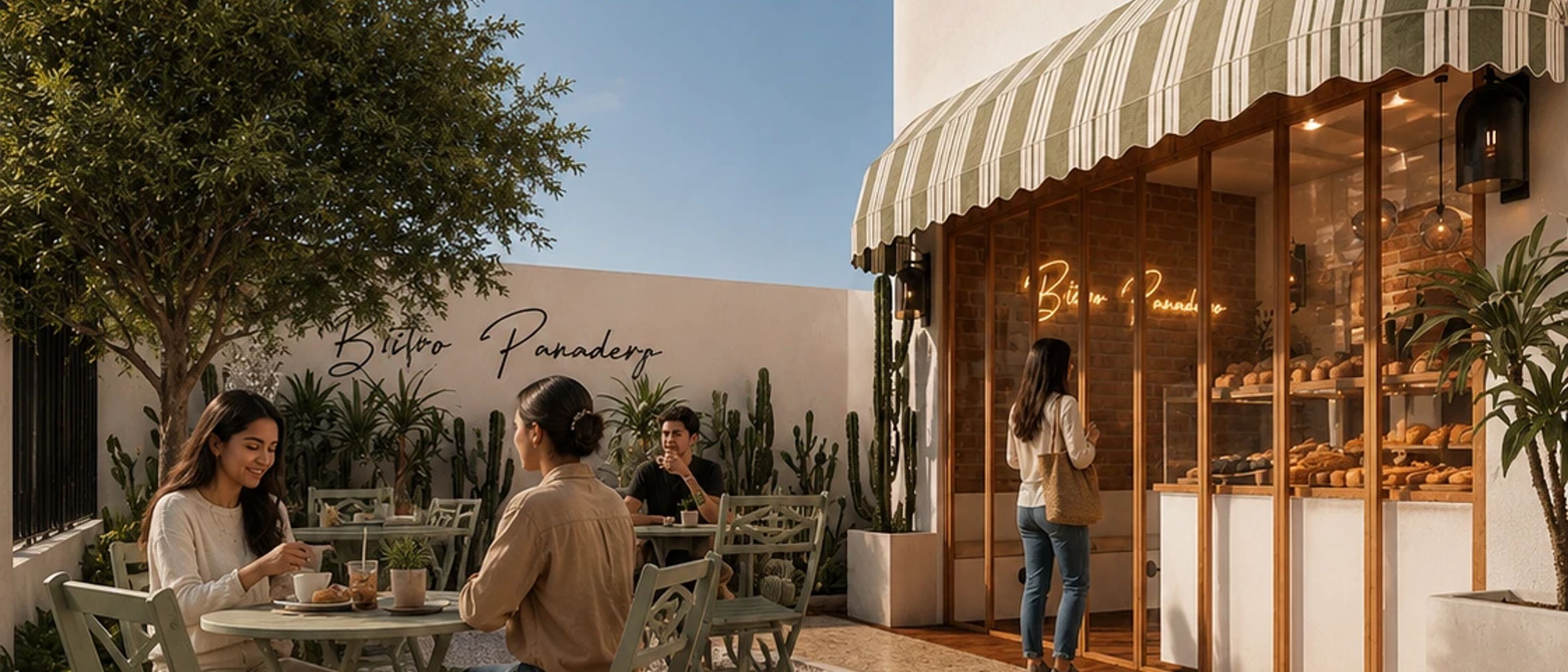 01 — Facade and terrace. The bread is visible before you go in, and the tree's shade holds the tables that don't fit inside.