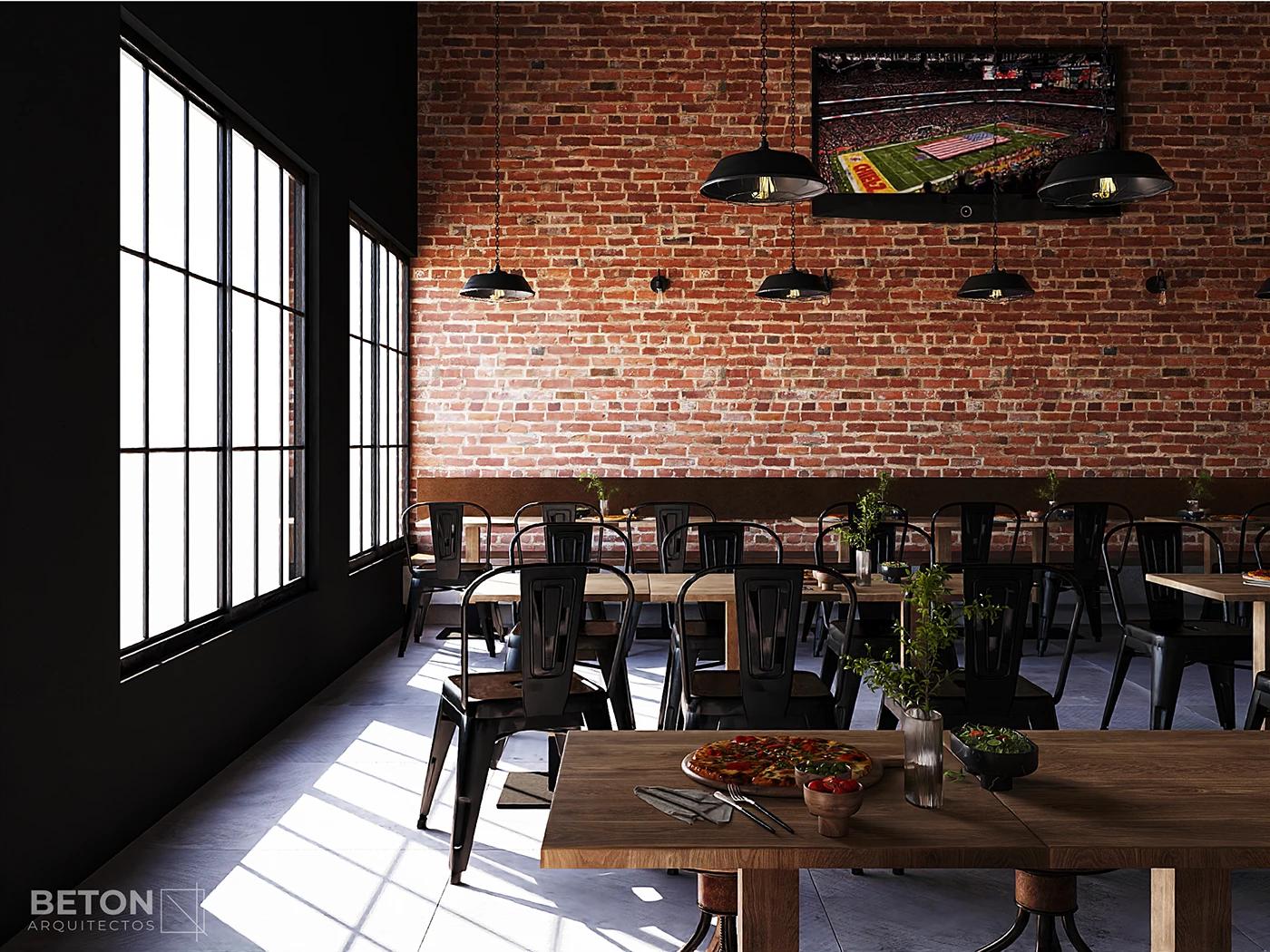 01 — The room by day. Brick holds the morning heat and the window spreads it; the tables fill without switching anything on.