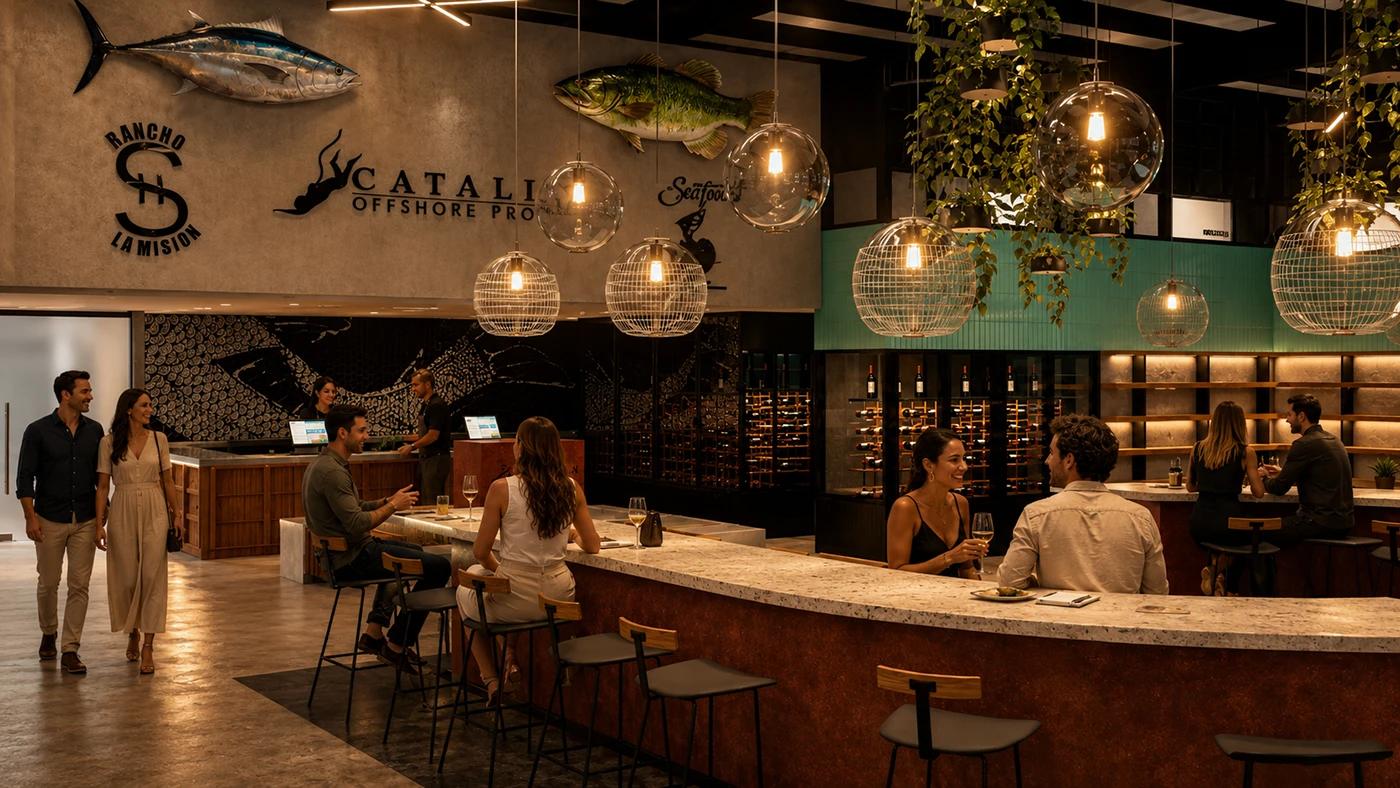 03 — Barra de vinos. Terrazo frío bajo el codo y botellas iluminadas atrás: aquí la espera también es parte del lugar.