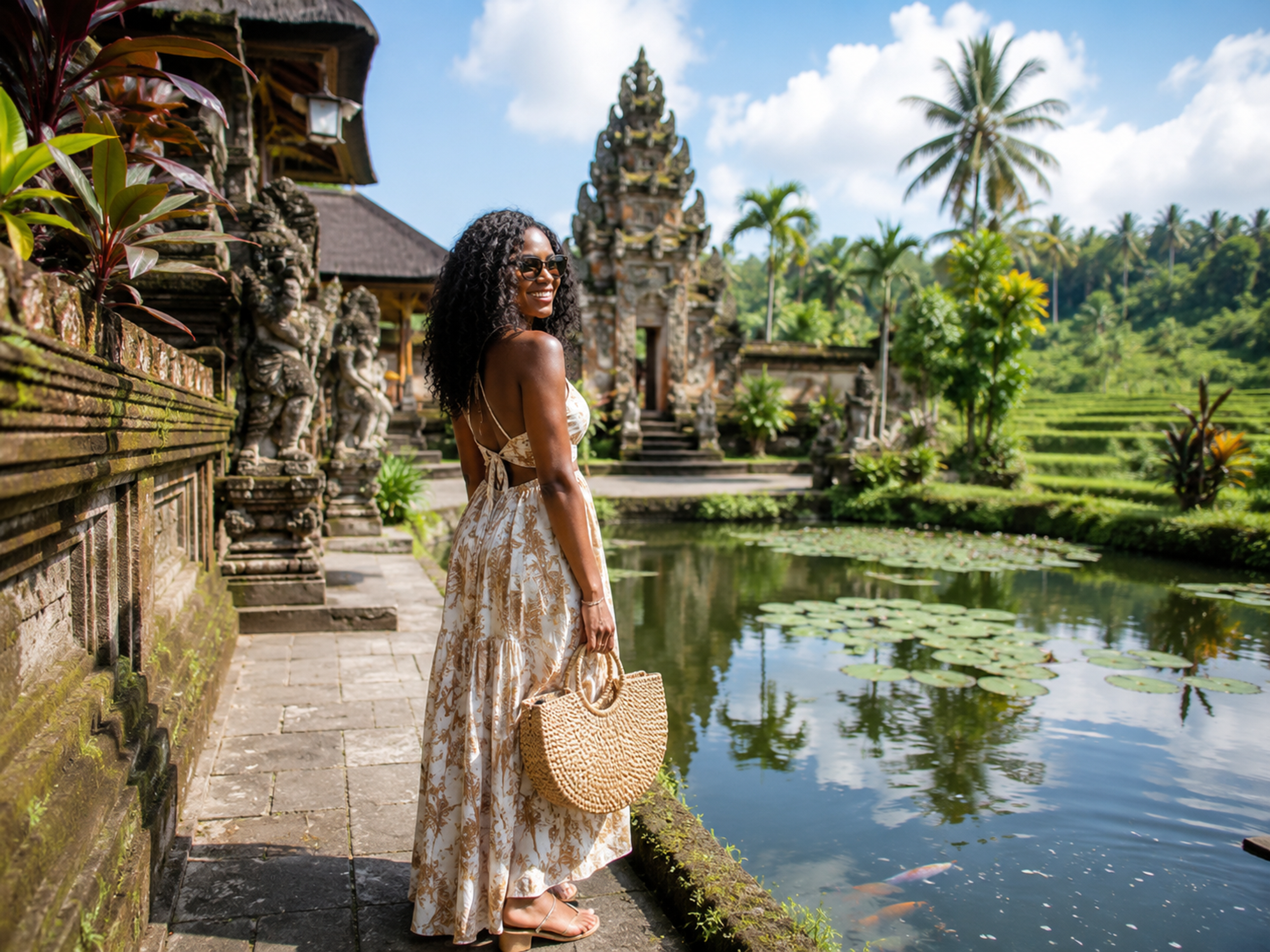 Kenyan couple exploring a Bali temple surrounded by tropical greenery before enjoying a relaxing beach and wellness holiday
