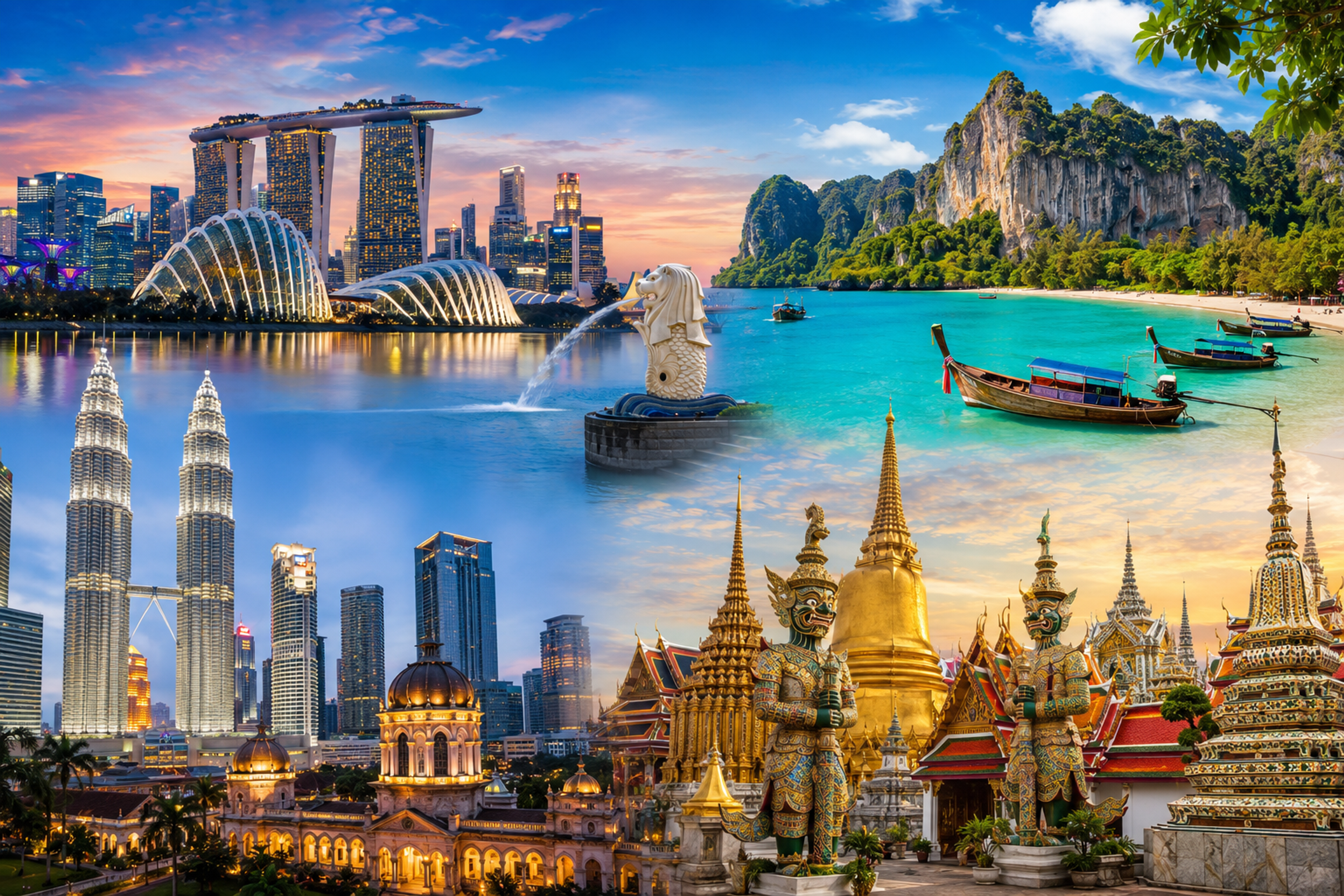 Singapore, Kuala Lumpur, Phuket and Bangkok landmarks combined in a colourful Southeast Asia travel collage.