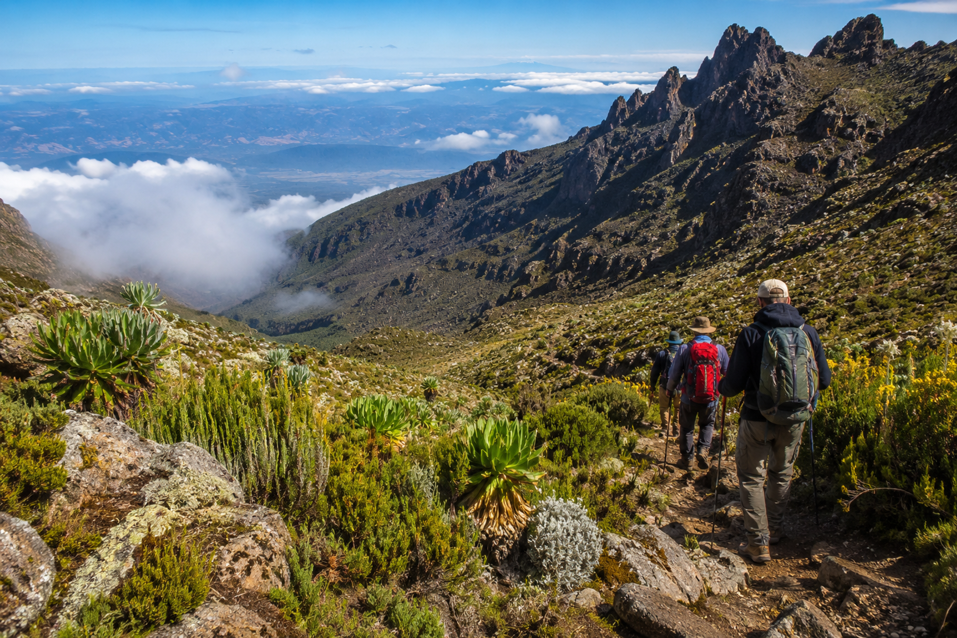 Hikers following a mountain trail through alpine vegetation beneath the rugged peaks of Mount Kenya.