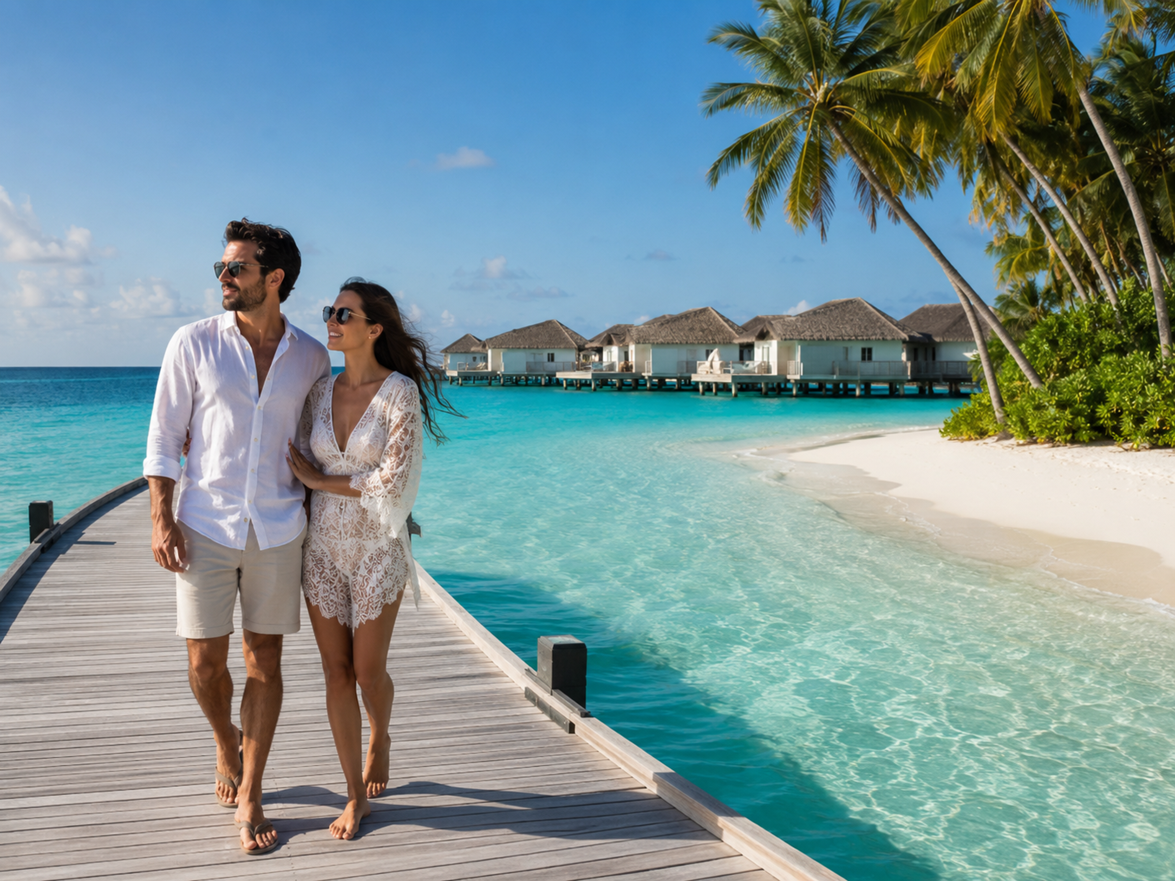 Couple enjoying a romantic Maldives island resort surrounded by turquoise ocean and white sandy beaches