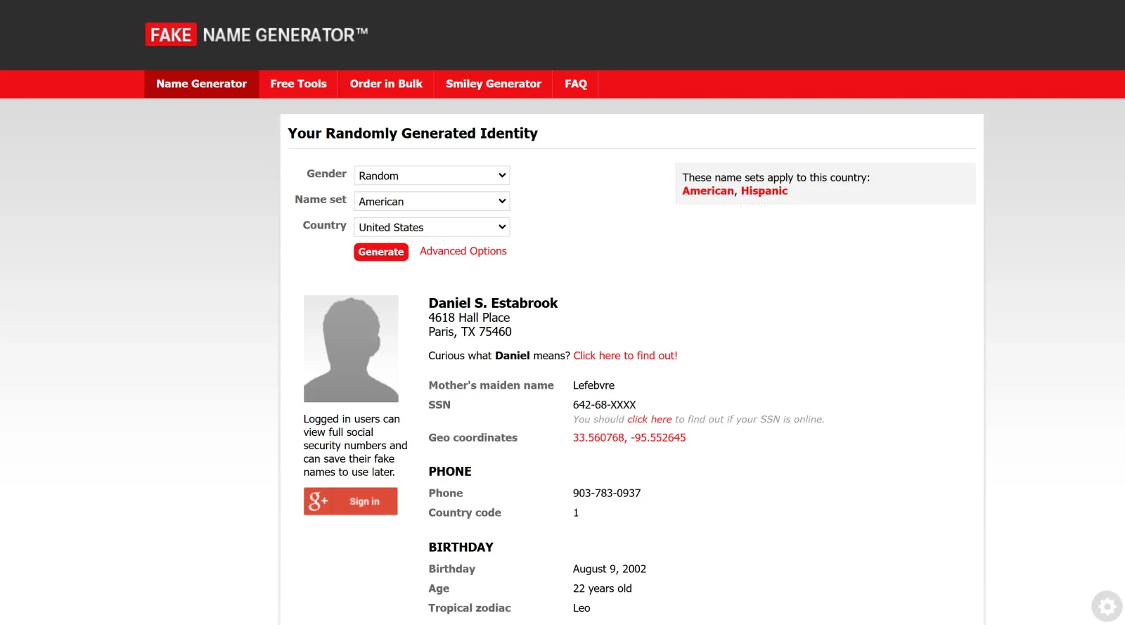 Fake Name Generator screenshot