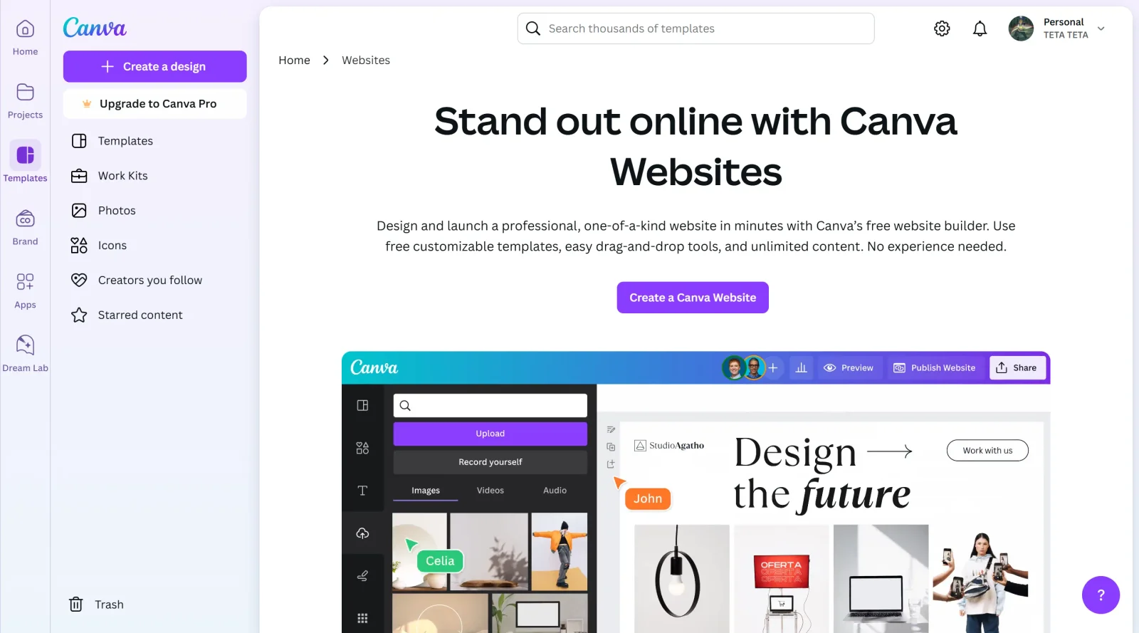 Canva Websites screenshot
