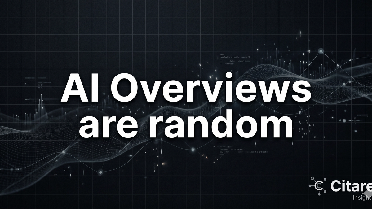 Bold white text reading "AI Overviews are random" on a dark editorial background, with the Citare wordmark in the bottom right corner