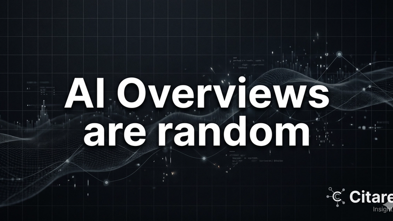 Bold white text reading "AI Overviews are random" on a dark editorial background, with the Citare wordmark in the bottom right corner