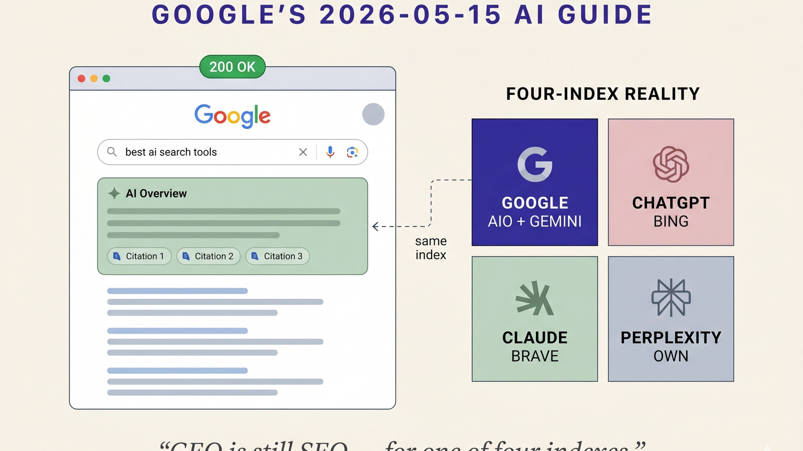 Editorial infographic on a cream background showing a stylized Google search results page rendered as a Mac browser window with an AI Overview panel inside it, connected via a dashed arrow labeled "same index" to a four-quadrant FOUR-INDEX REALITY diagram showing Google AIO + Gemini, ChatGPT + Bing, Claude + Brave, and Perplexity + own crawler as four distinct indexes, with the italic caption "GEO is still SEO — for one of four indexes" at the bottom.