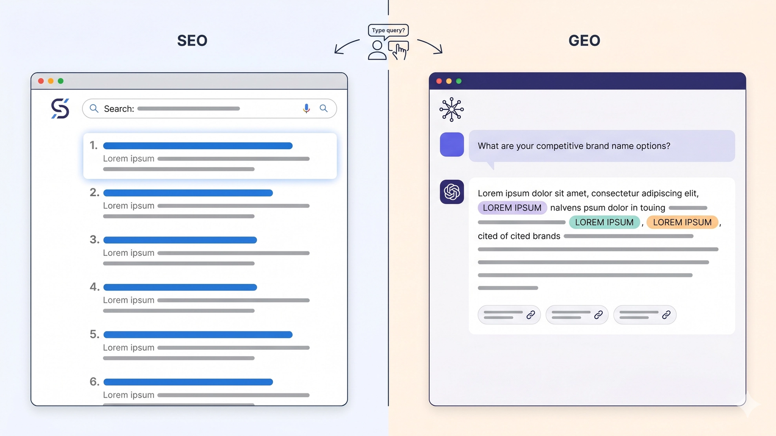 Side-by-side comparison: traditional Google search results showing a list of blue links versus an AI search interface showing a generated answer with brand citations — illustrating the difference between SEO and GEO