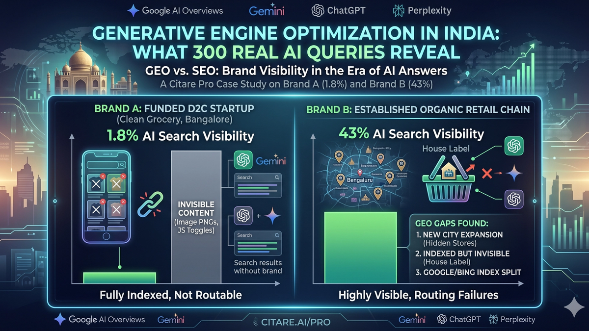 Data visualization of a Generative Engine Optimization (GEO) case study in India. Compares a D2C startup's 1.8% AI search visibility due to uncrawlable PNGs against an established retail chain's 43% visibility with ChatGPT and Gemini routing gaps.