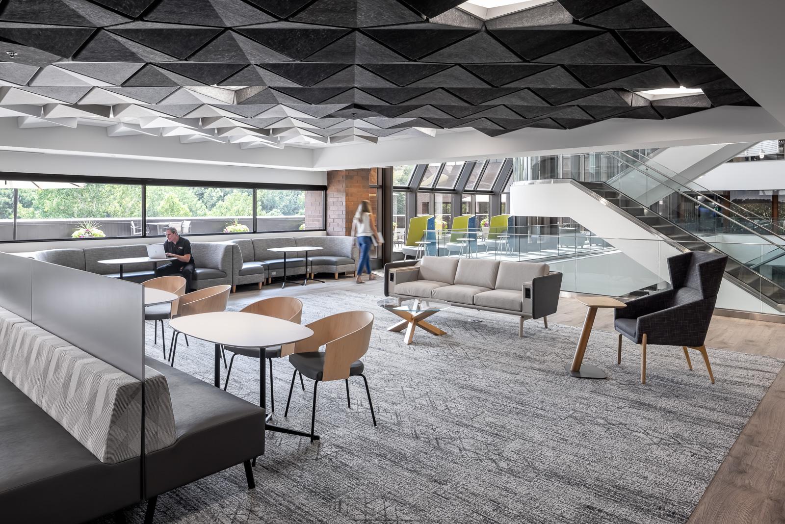 Acoustic ceiling detail over shared dining space