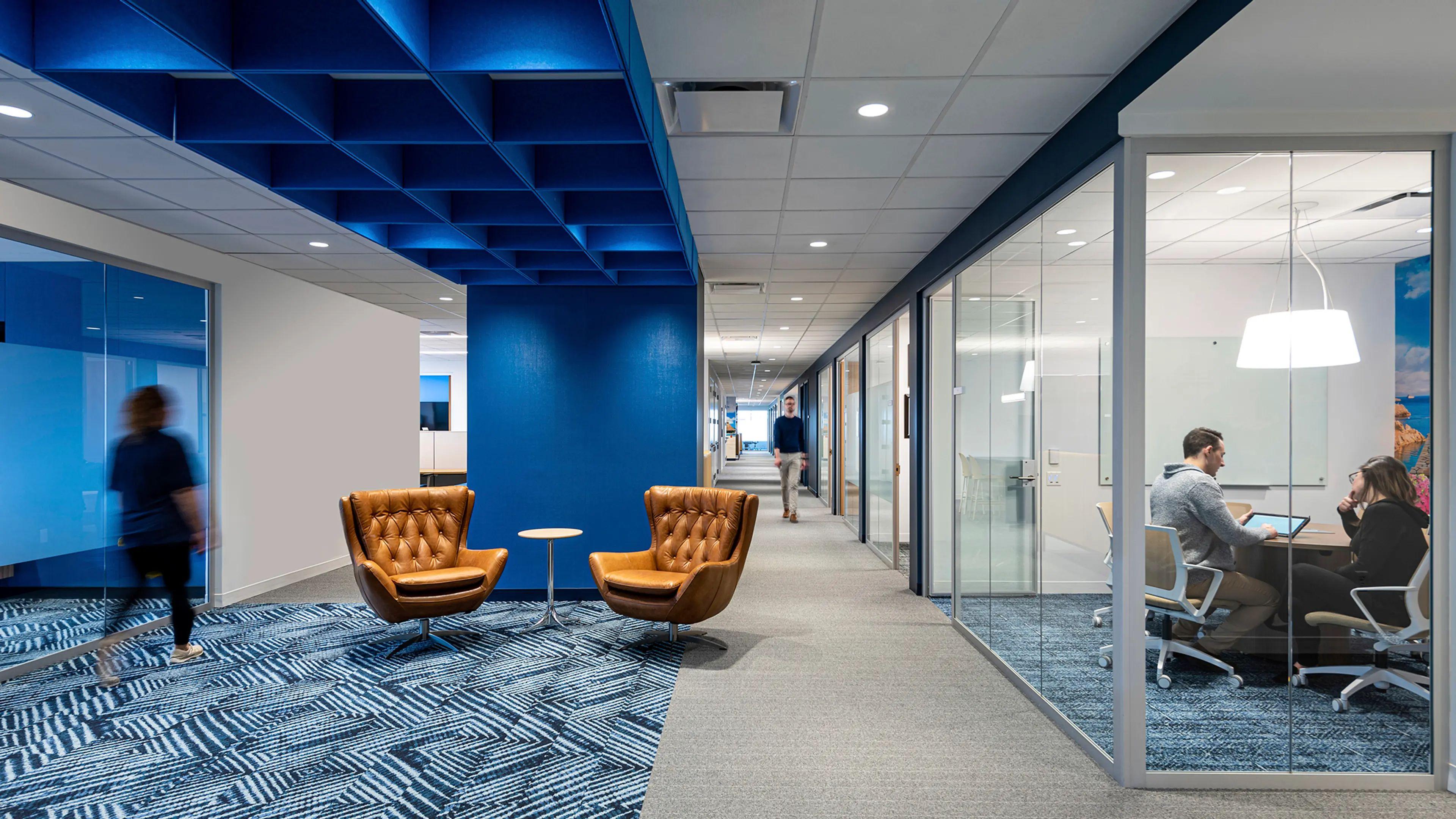 Turf's Switchblade magnetic acoustic ceiling scape in Azure at Hayward Industries office in Clemmons, North Carolina.