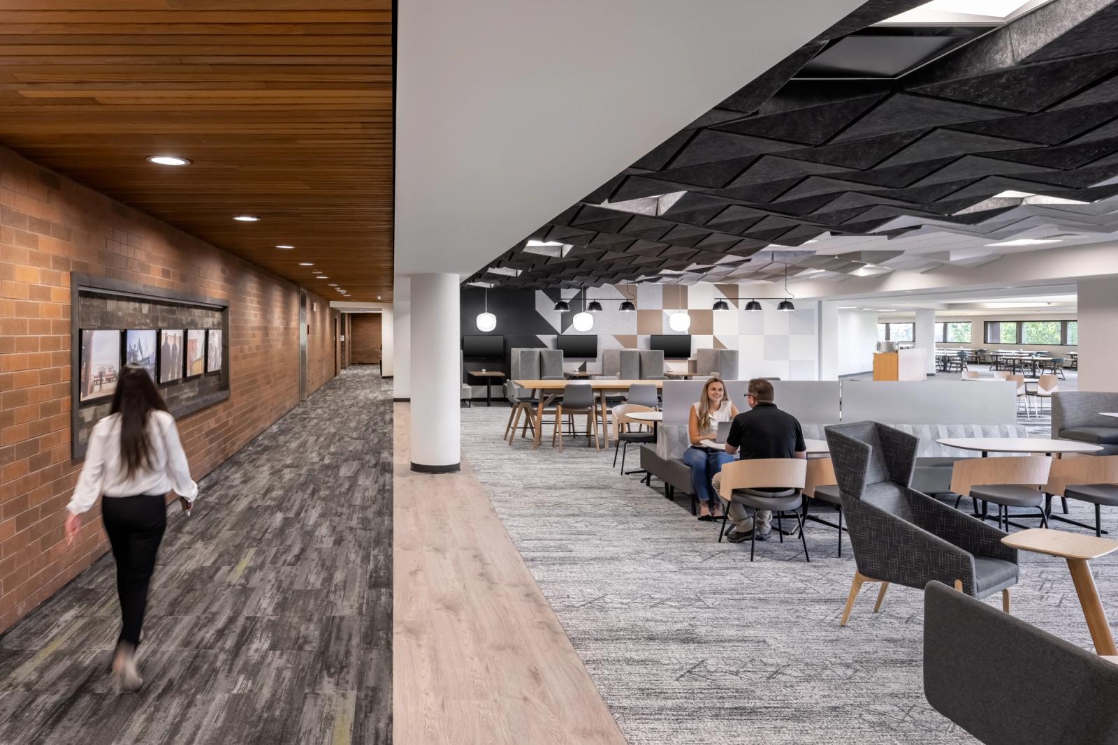Dining amenity space with sculpted acoustic ceiling