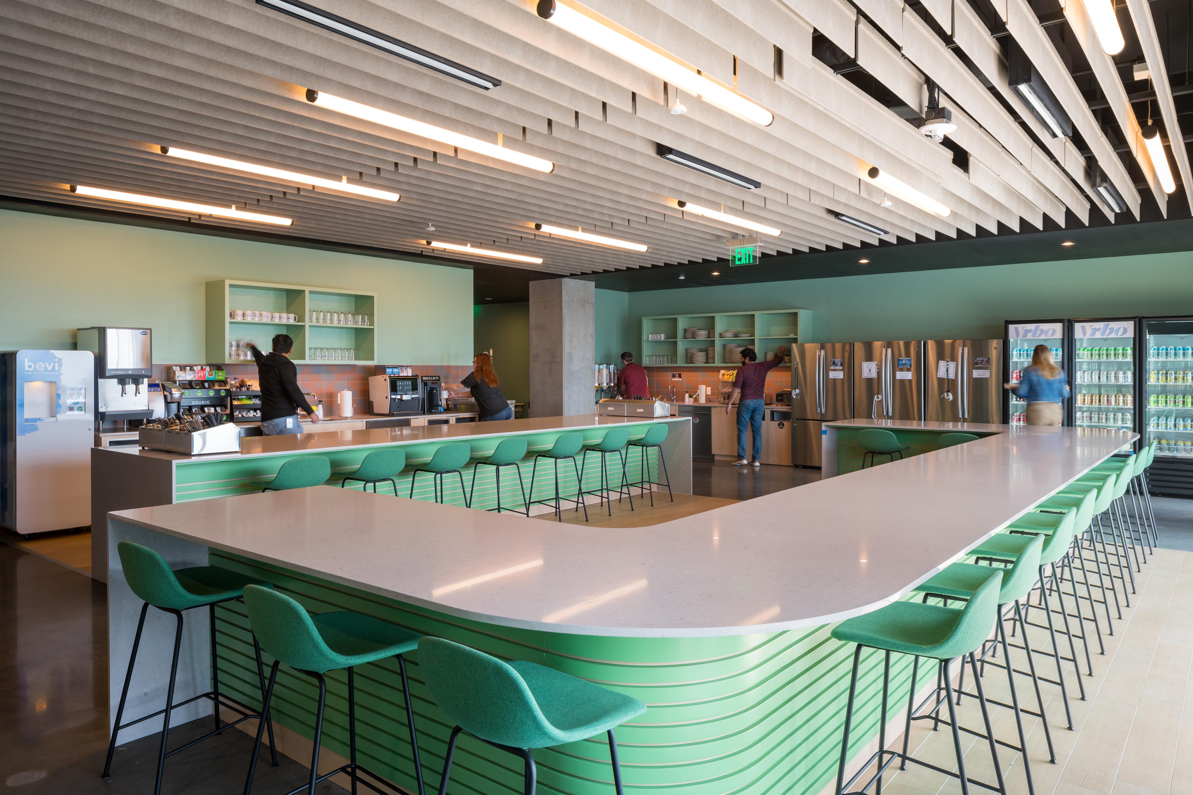 Turf's Straight acoustic ceiling baffles at VRBO's office in Austin Texas.