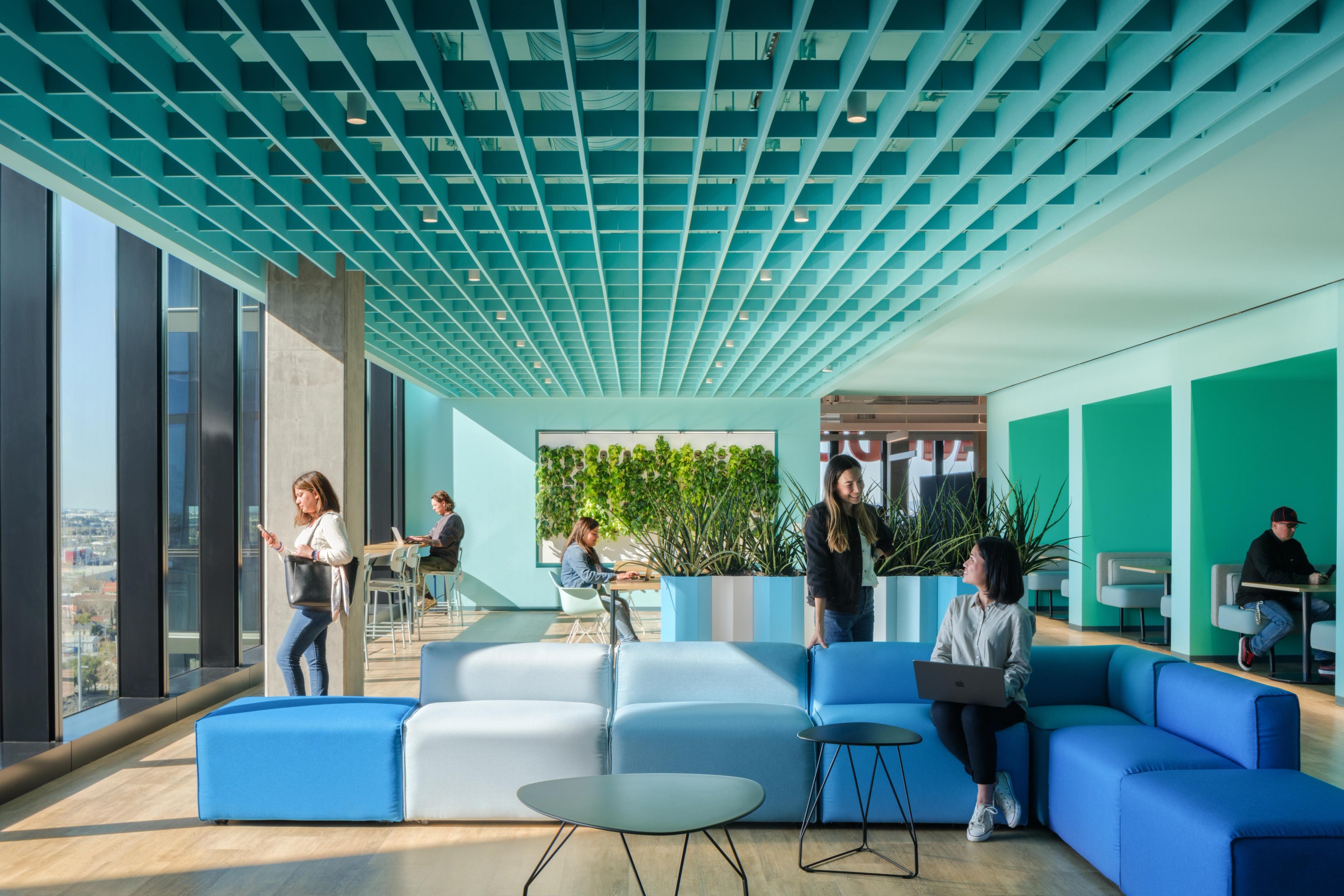 Turf Custom acoustic ceiling install at Adobe Founders Tower office in San Jose California.