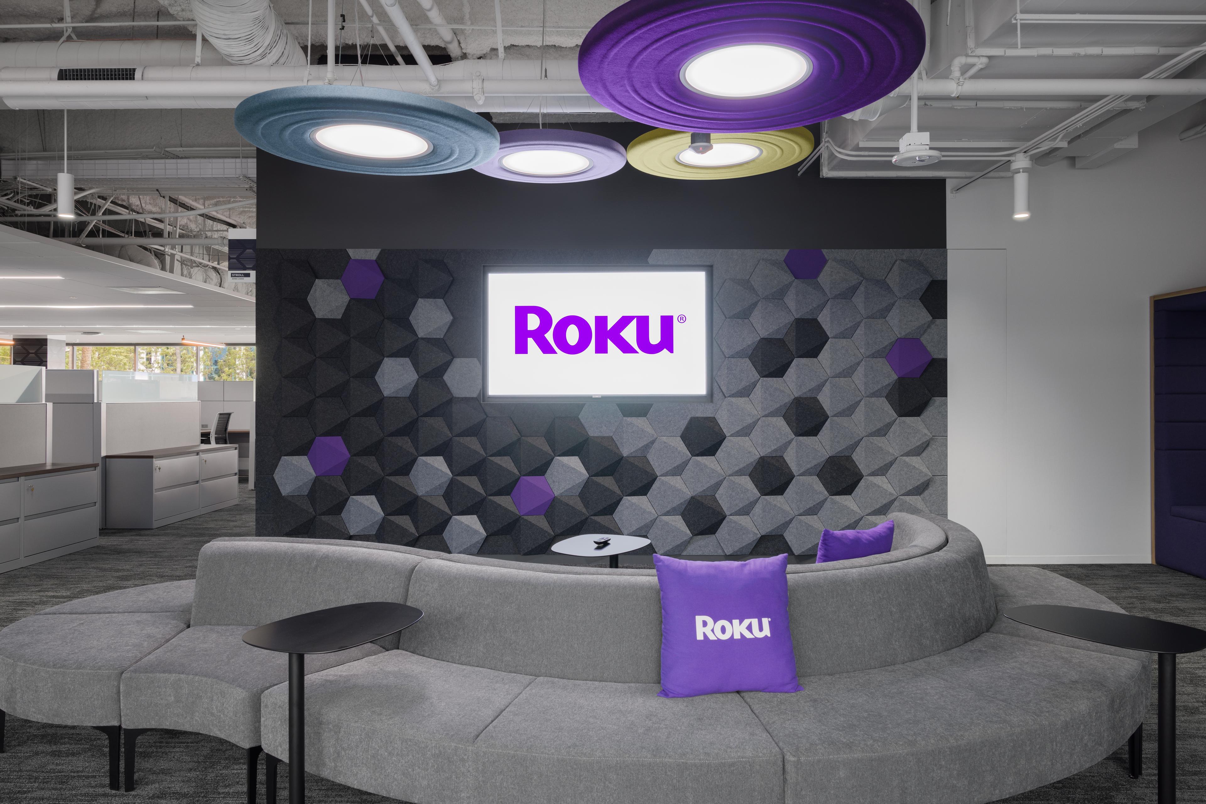 Roku's office with Turf's Hex acoustic wall tiles in purple, grey, charcoal.