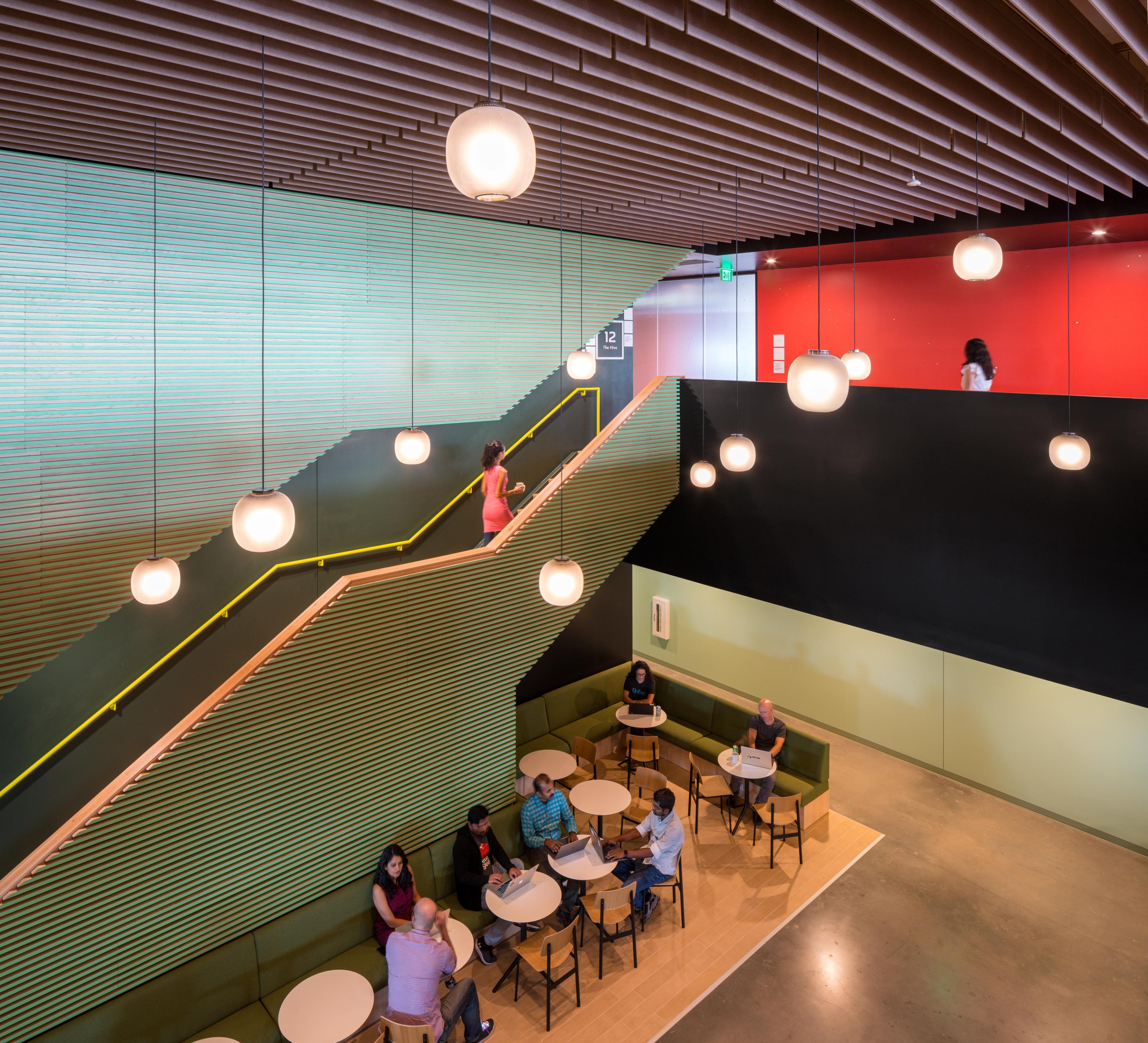 Turf Straight ceiling acoustic baffles installed at the VRBO Austin office.