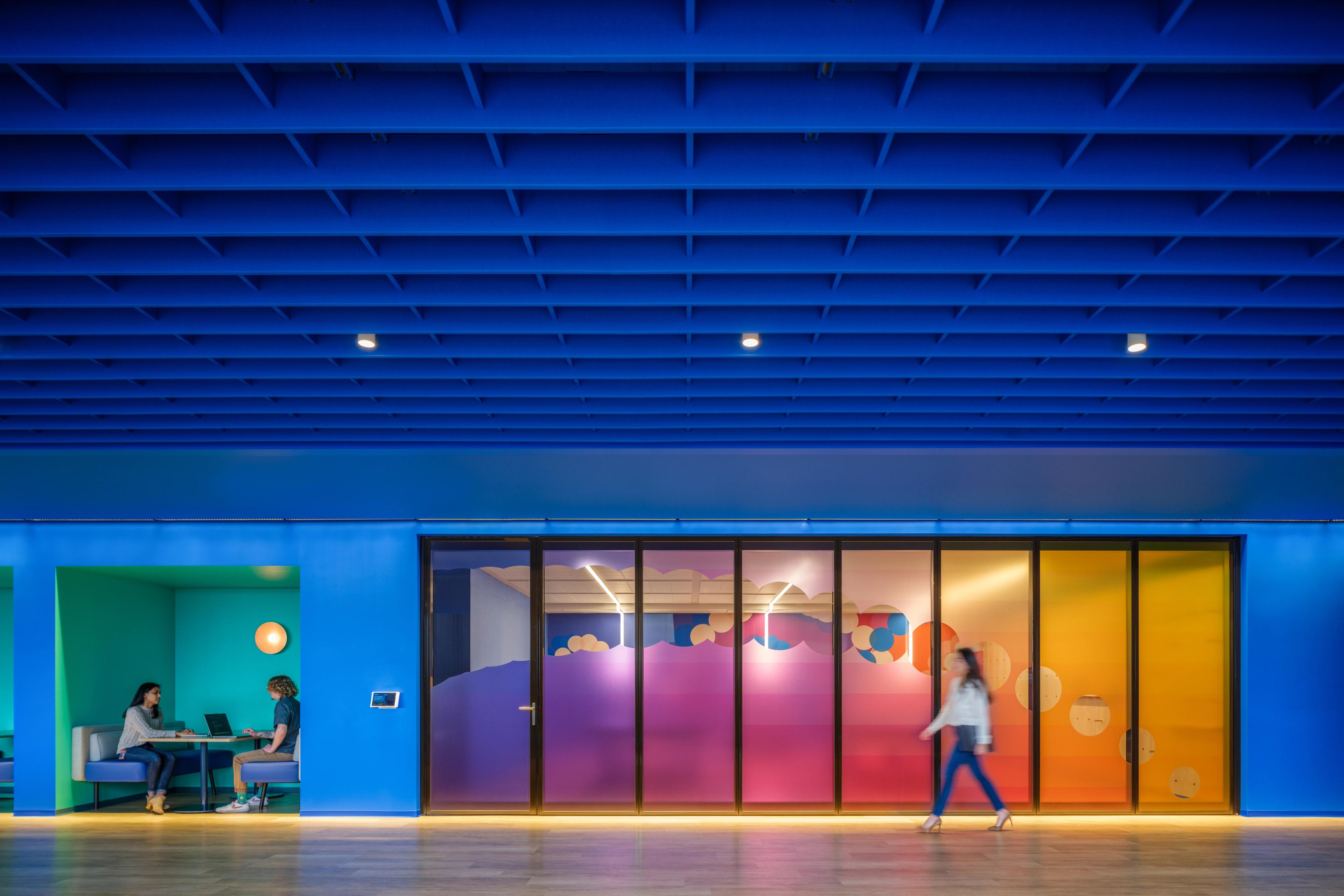 Custom acoustic ceiling installation by Turf Design at Adobe Founders Tower office in San Jose California.
