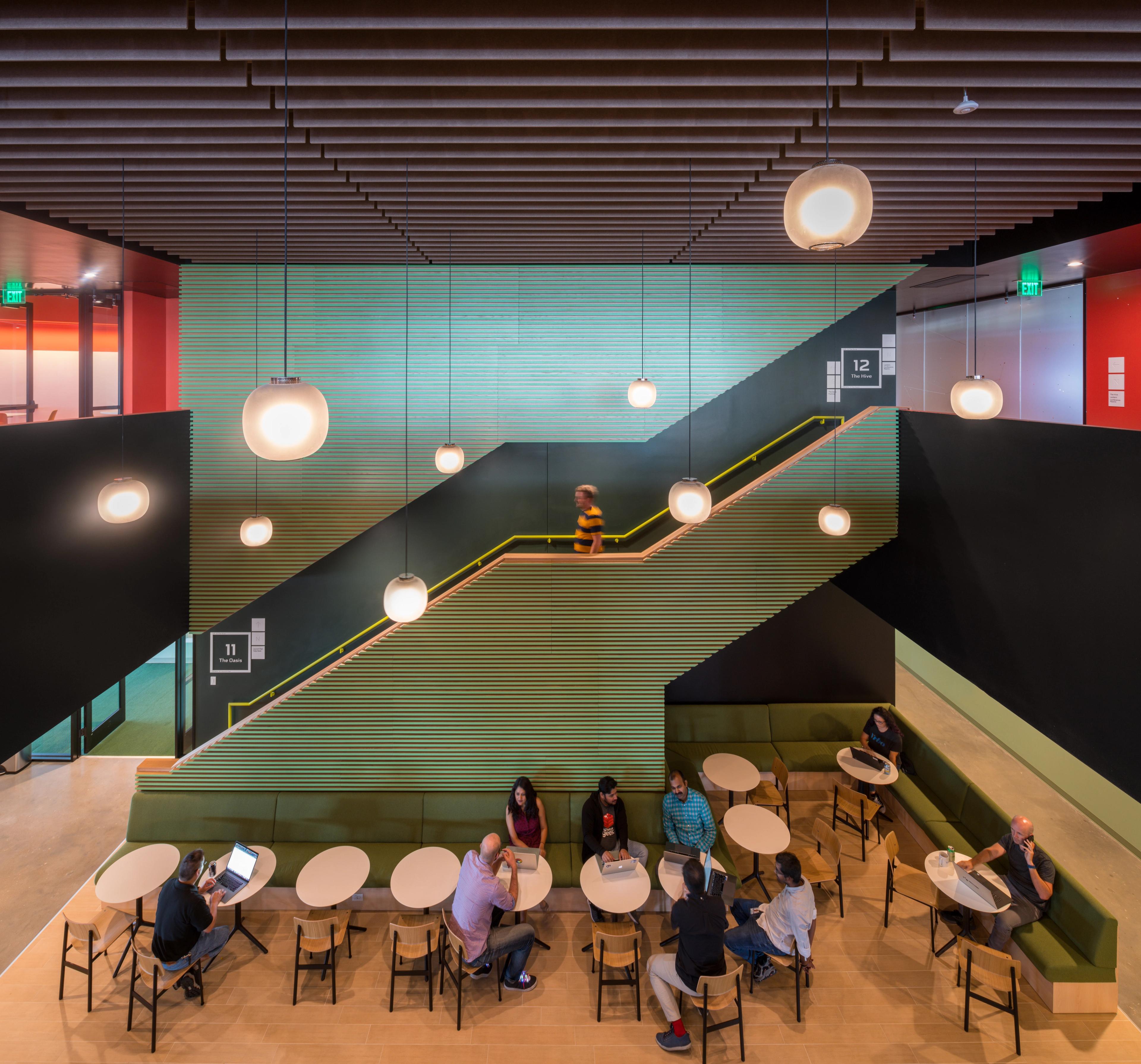 Turf's Straight acoustic baffles installed on the ceilings at VRBO's Austin office.