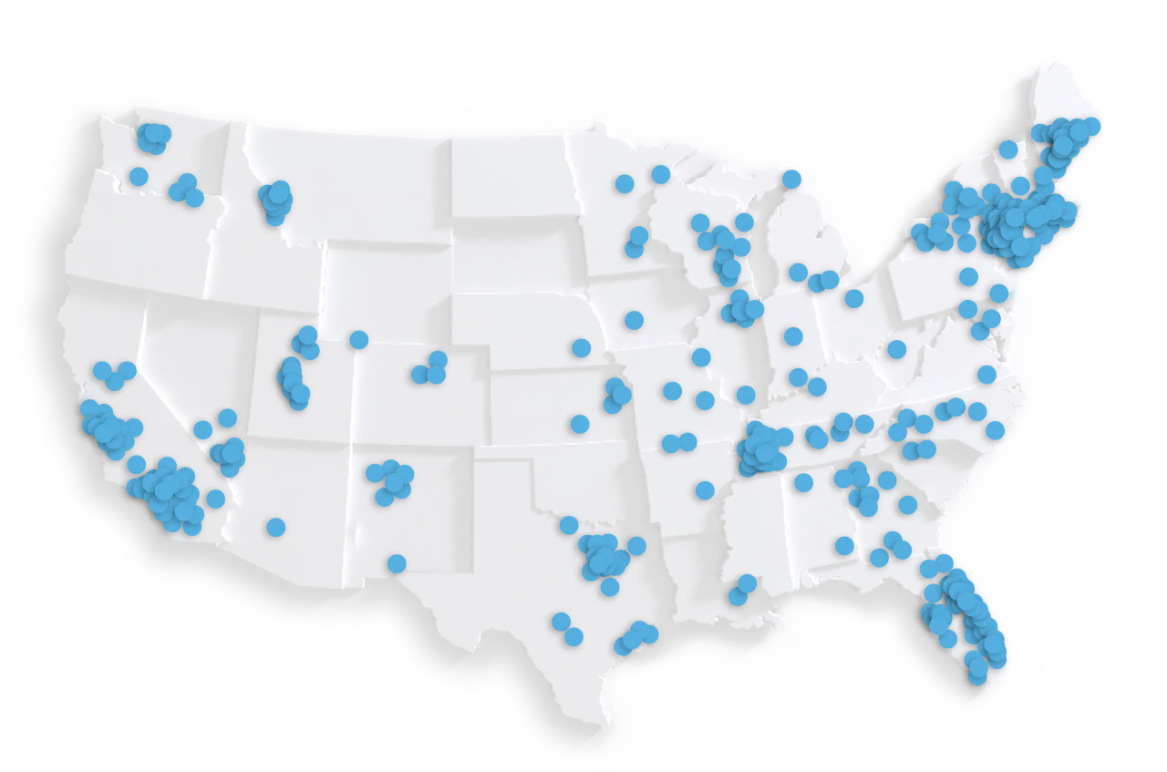 Map of the continental United States with points highlighting major installation locations