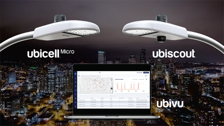 UbiCell and UbiScout mounted streetlights connected to a city monitoring dashboard displayed on a laptop at night