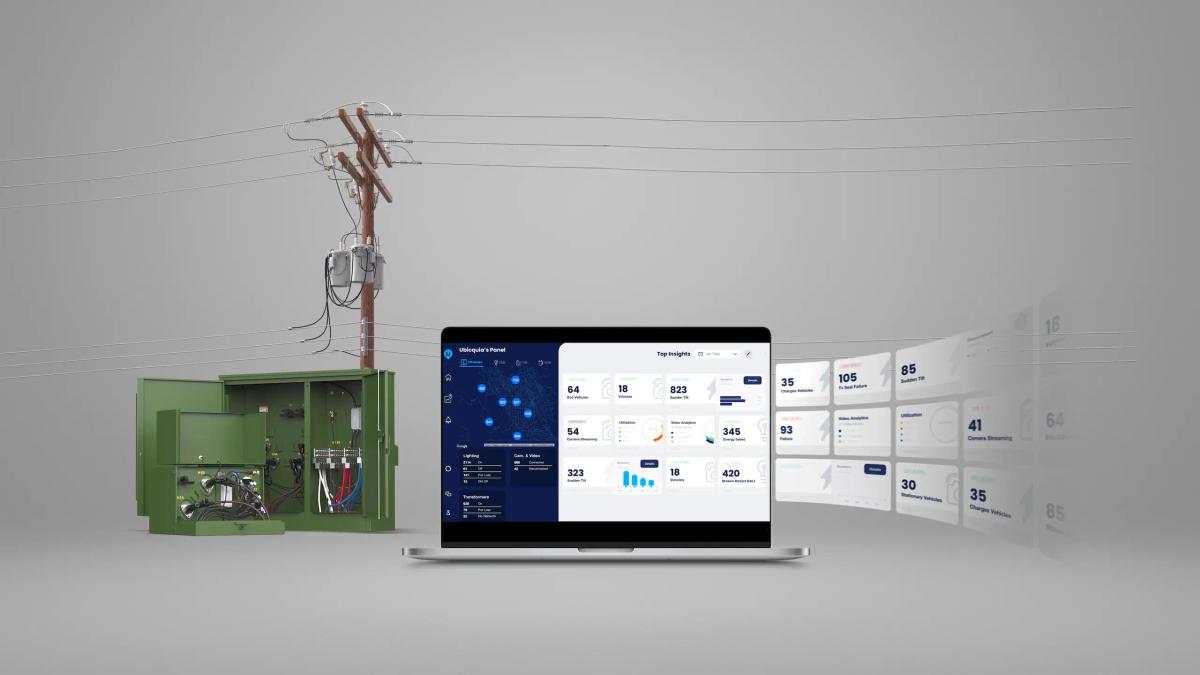 UbiVu dashboard interface showing electrical grid assets and performance metrics on a laptop screen next to an electrical cabinet with a DTM