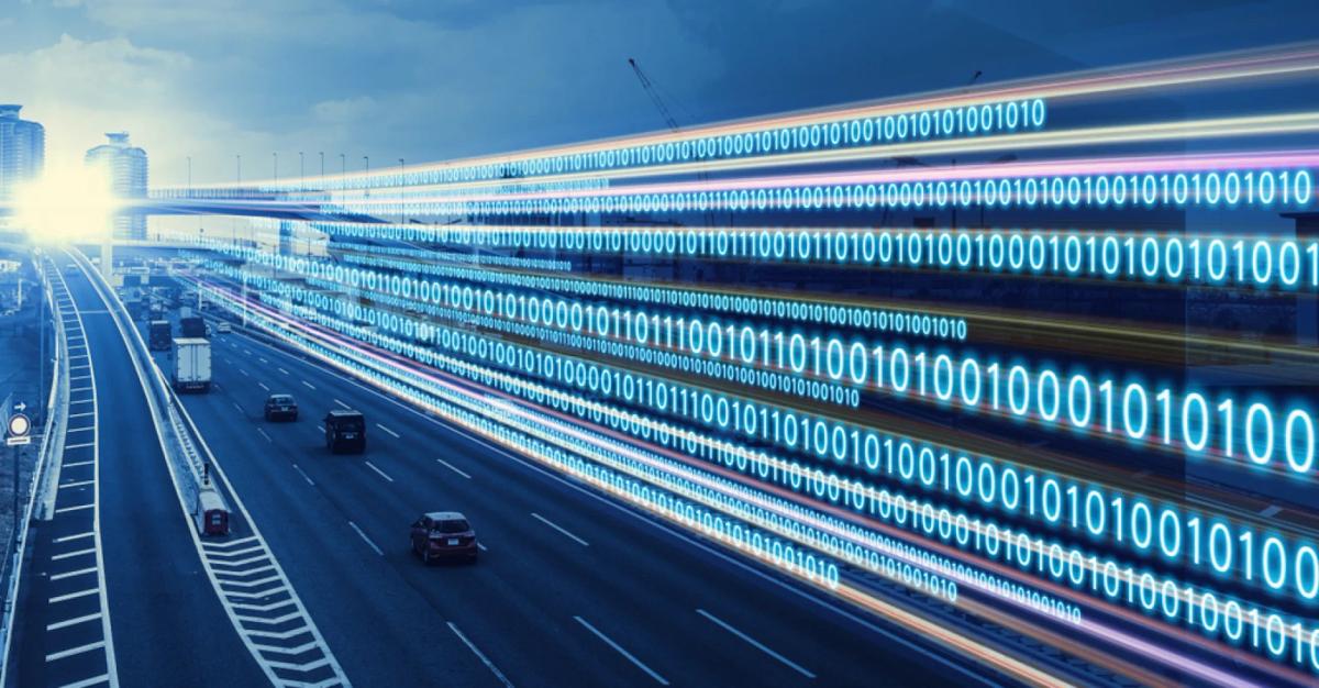 Light trails and binary digits overlay a multi-lane highway, suggesting digital data flowing through transportation infrastructure