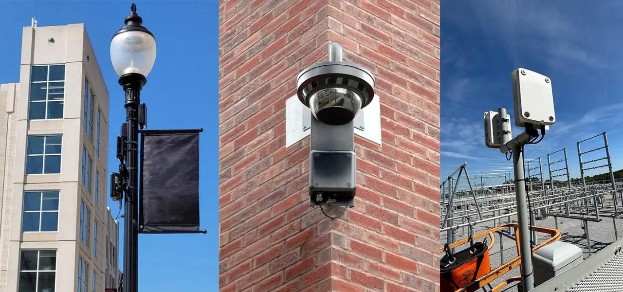 Composite image showing UbiShield™ multi-threat detection technology deployed on a smart streetlight, a building-mounted sensor, and equipment installed at an electrical substation.