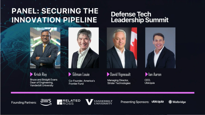 Defense Tech Leadership Summit panel graphic showing four speaker headshots, session title text, and sponsor logos on dark background