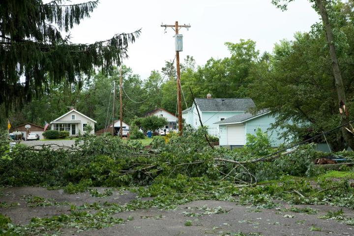 Fallen trees and downed power lines blocking a residential street after a storm
