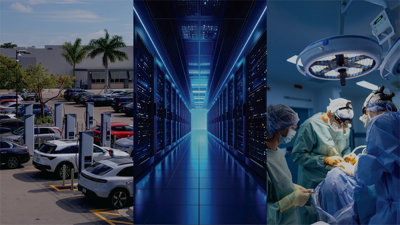 Collage showing electric vehicle chargers in parking lot, data center server aisle, and surgical team in operating room