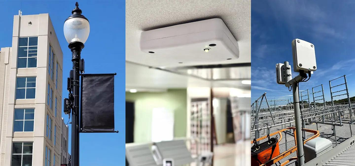 Composite image showing UbiShield™ multi-threat detection technology deployed on a smart streetlight, a building-mounted sensor, and equipment installed at an electrical substation.