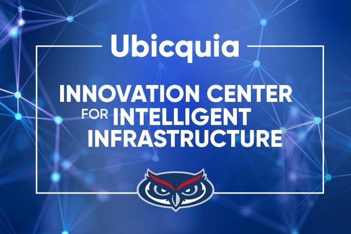 Blue graphic displaying the text “Ubicquia Innovation Center for Intelligent Infrastructure” with network-style lines