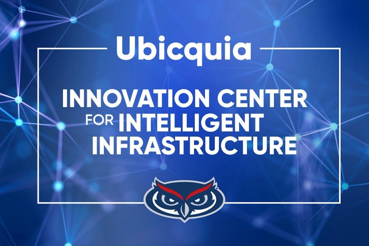Blue graphic displaying the text “Ubicquia Innovation Center for Intelligent Infrastructure” with network-style lines
