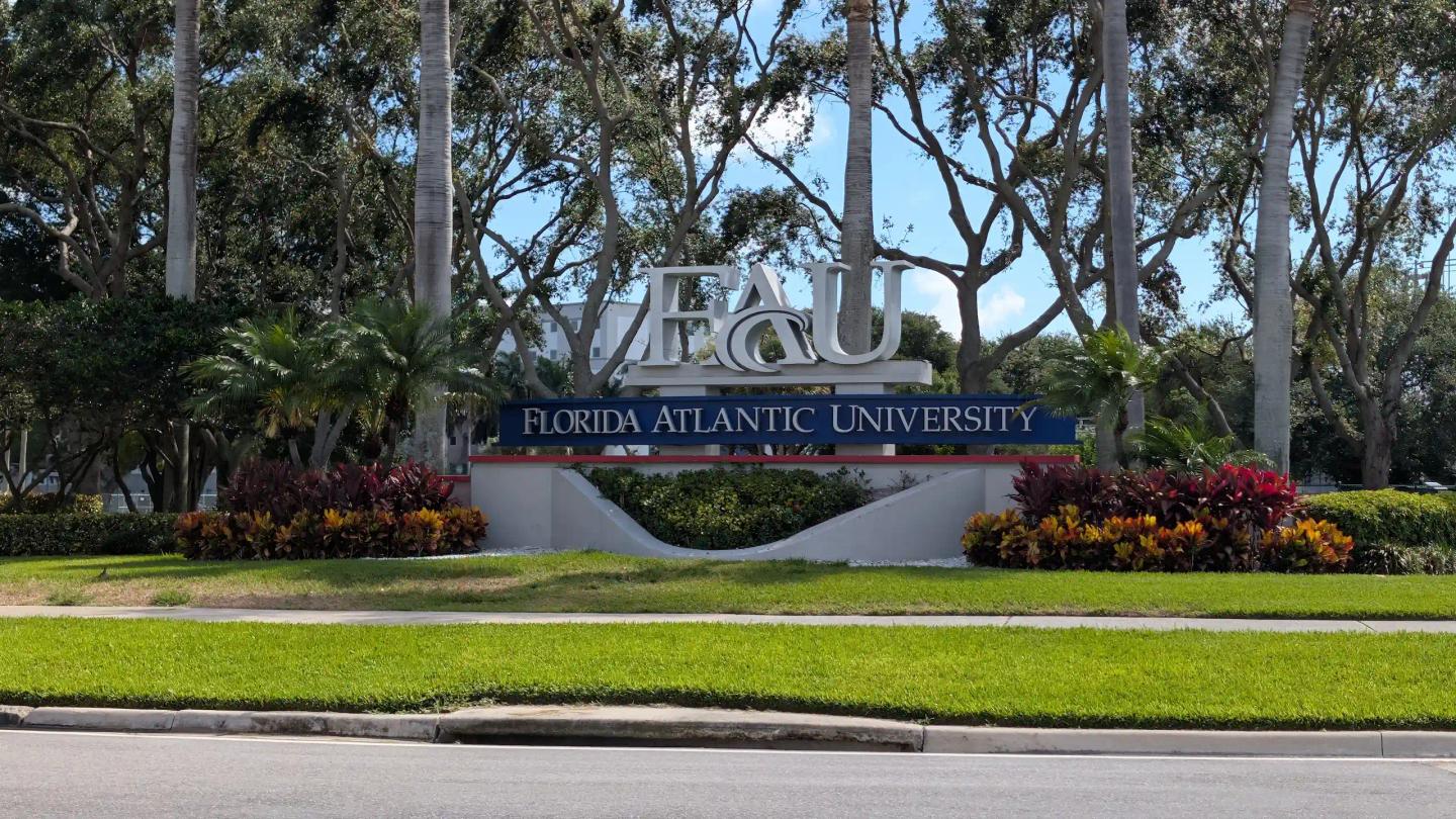 Florida Atlantic University entrance sign surrounded by palm trees, landscaped plants, and grass near a roadway